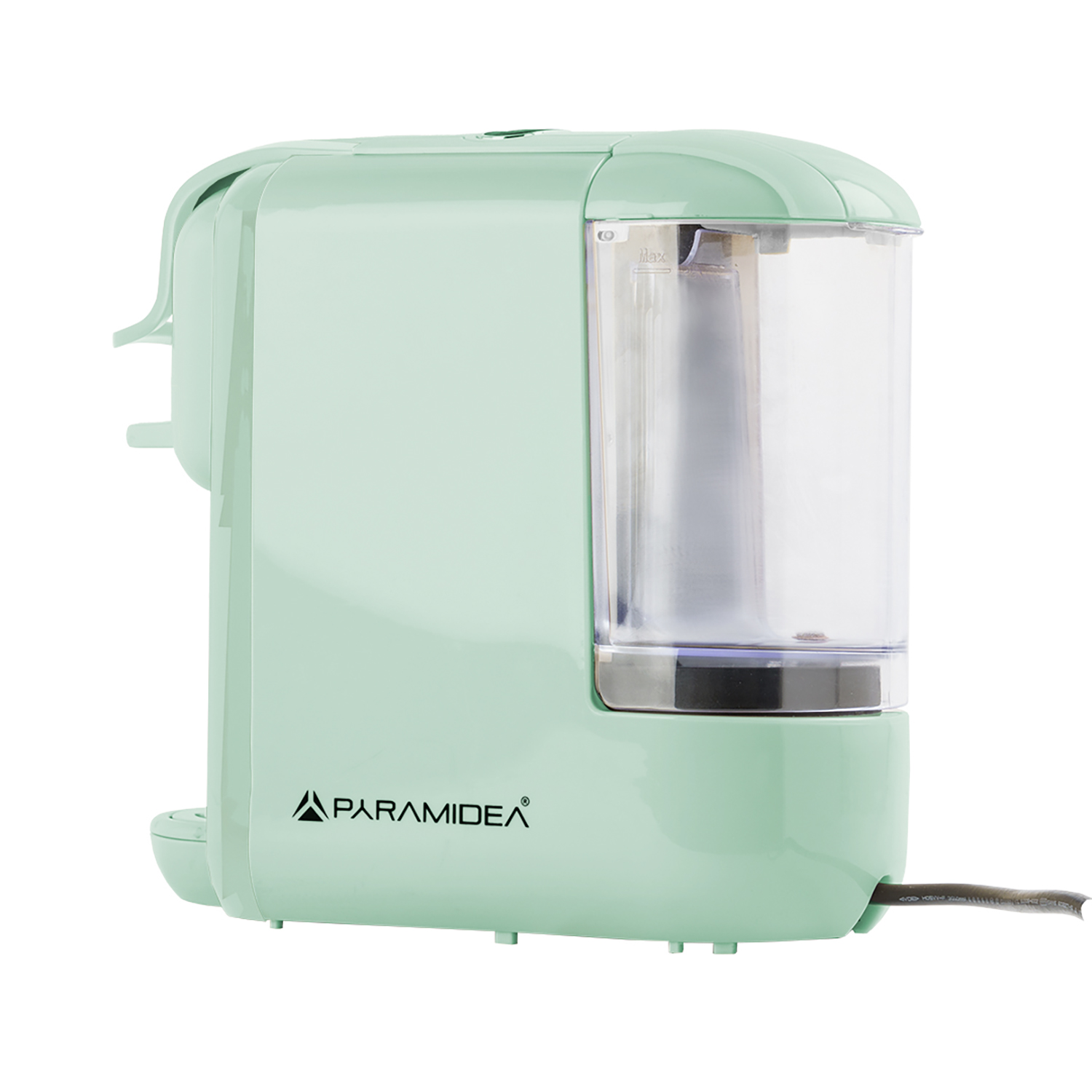 Una macchina da caffè verde con un serbatoio dell'acqua trasparente, su uno sfondo bianco.