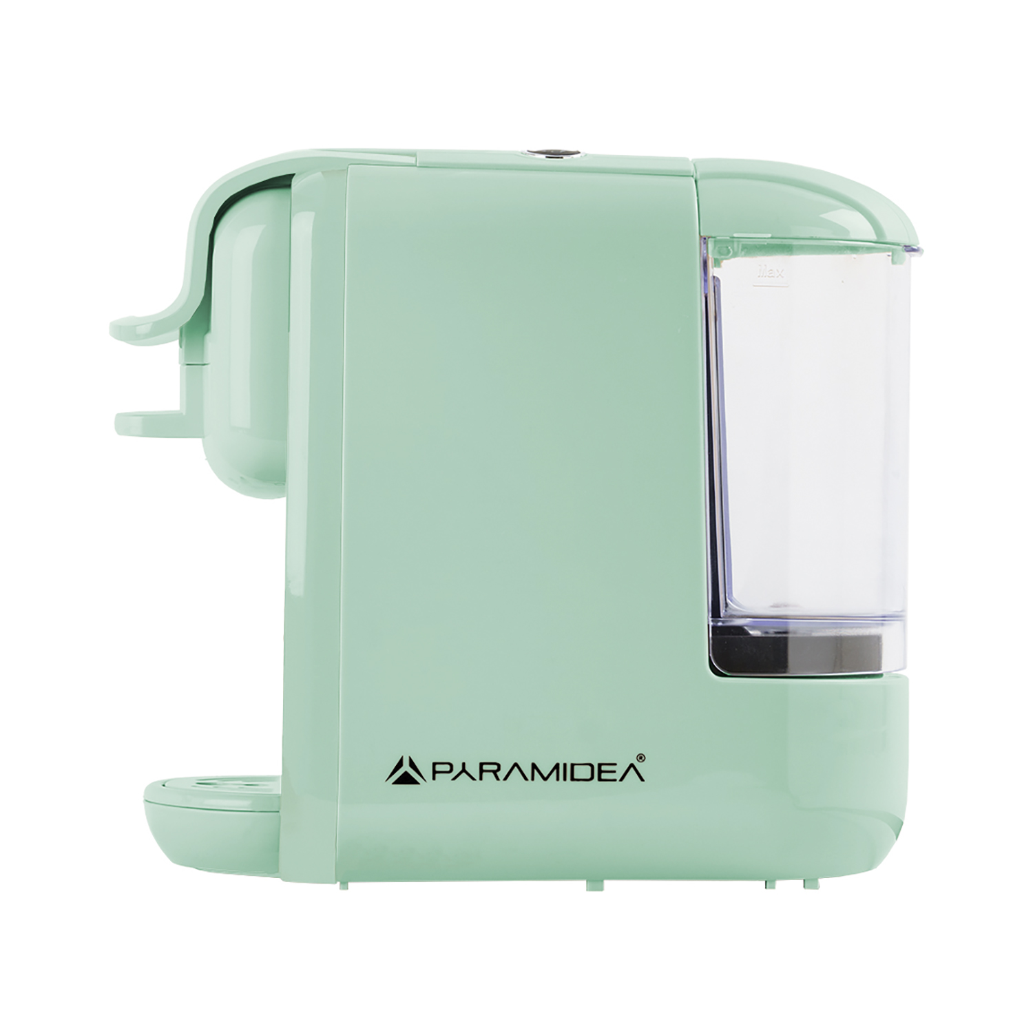 Una macchina da caffè Paramidea verde menta. Ha un serbatoio dell'acqua e un beccuccio.