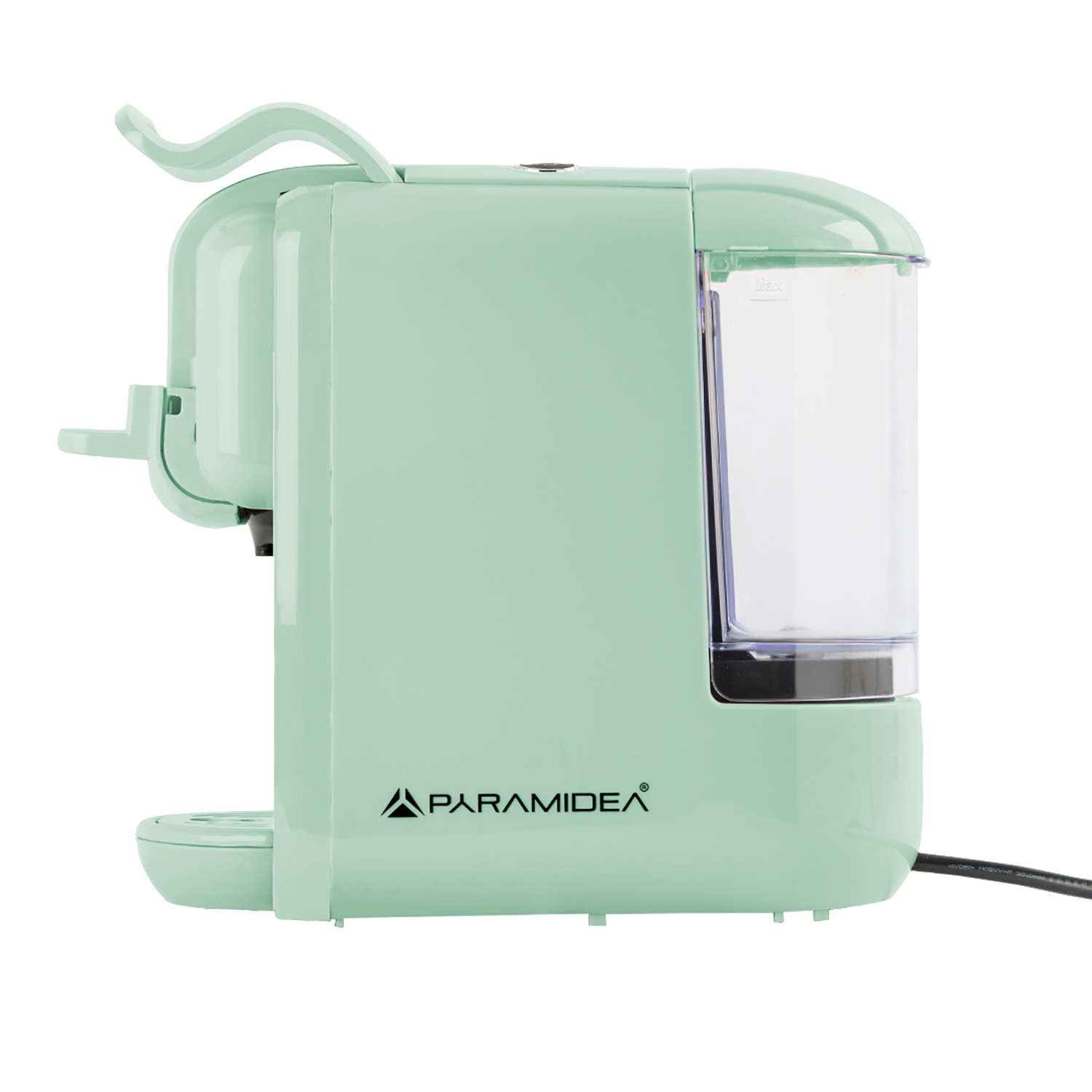 Macchina da caffè verde menta, vista laterale, sfondo bianco. Marchio.