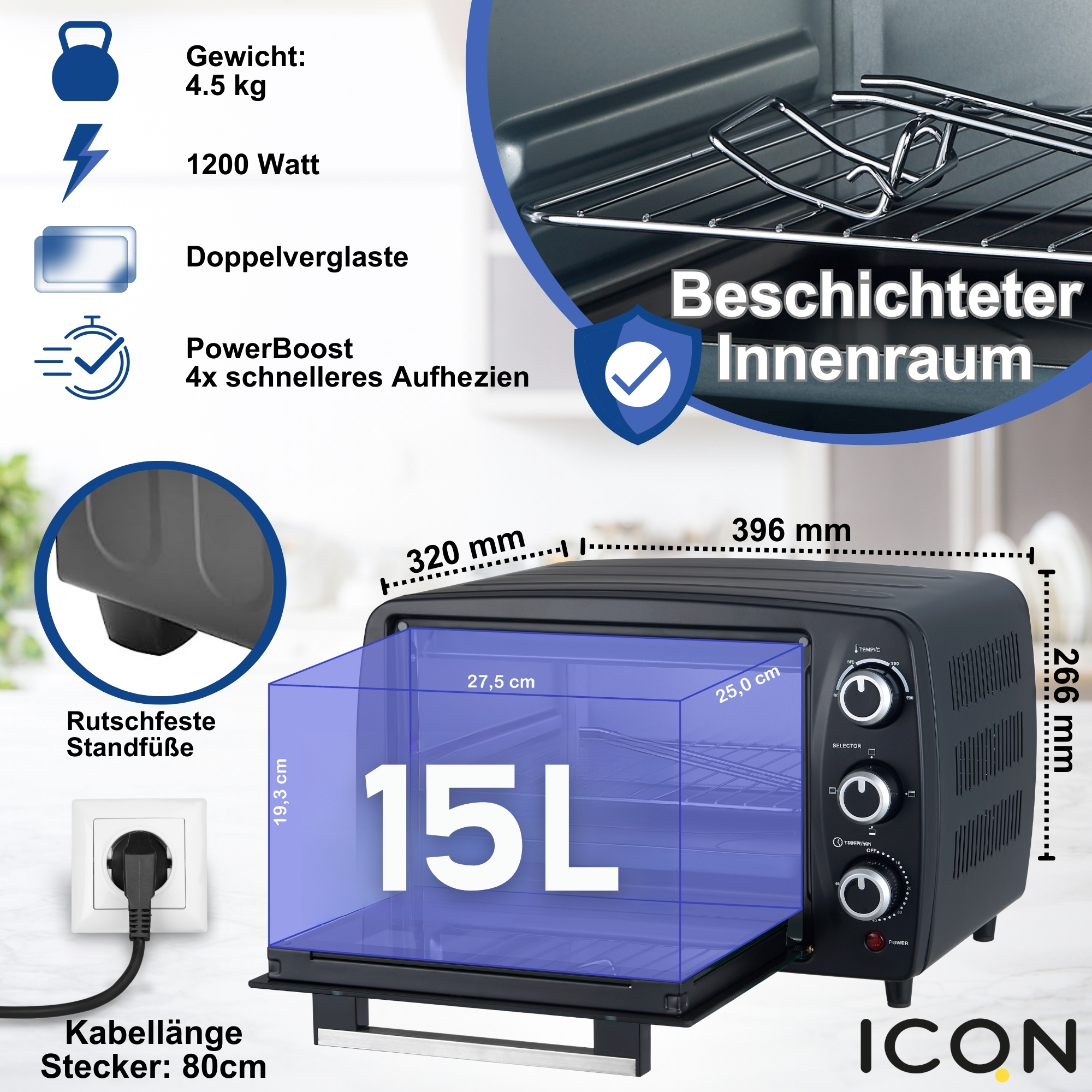 Forno Compatto ICQN 15 Litri - 1200W, Timer 60 Min, 3 Funzioni, 90-230°C, Antracite - Foto 10