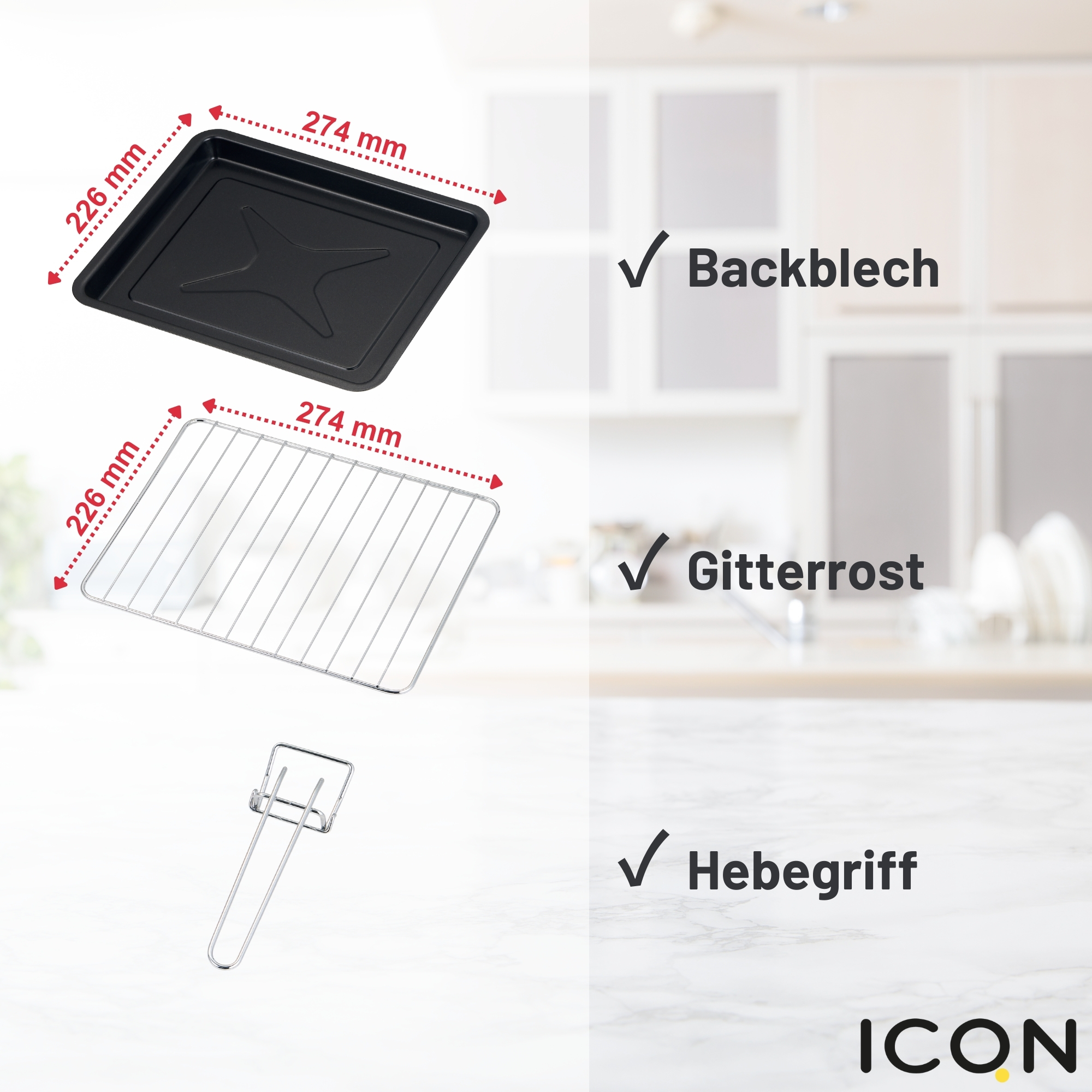 Accessori per forno. Include una teglia, una griglia e una maniglia. Tutti sono neri e metallici.