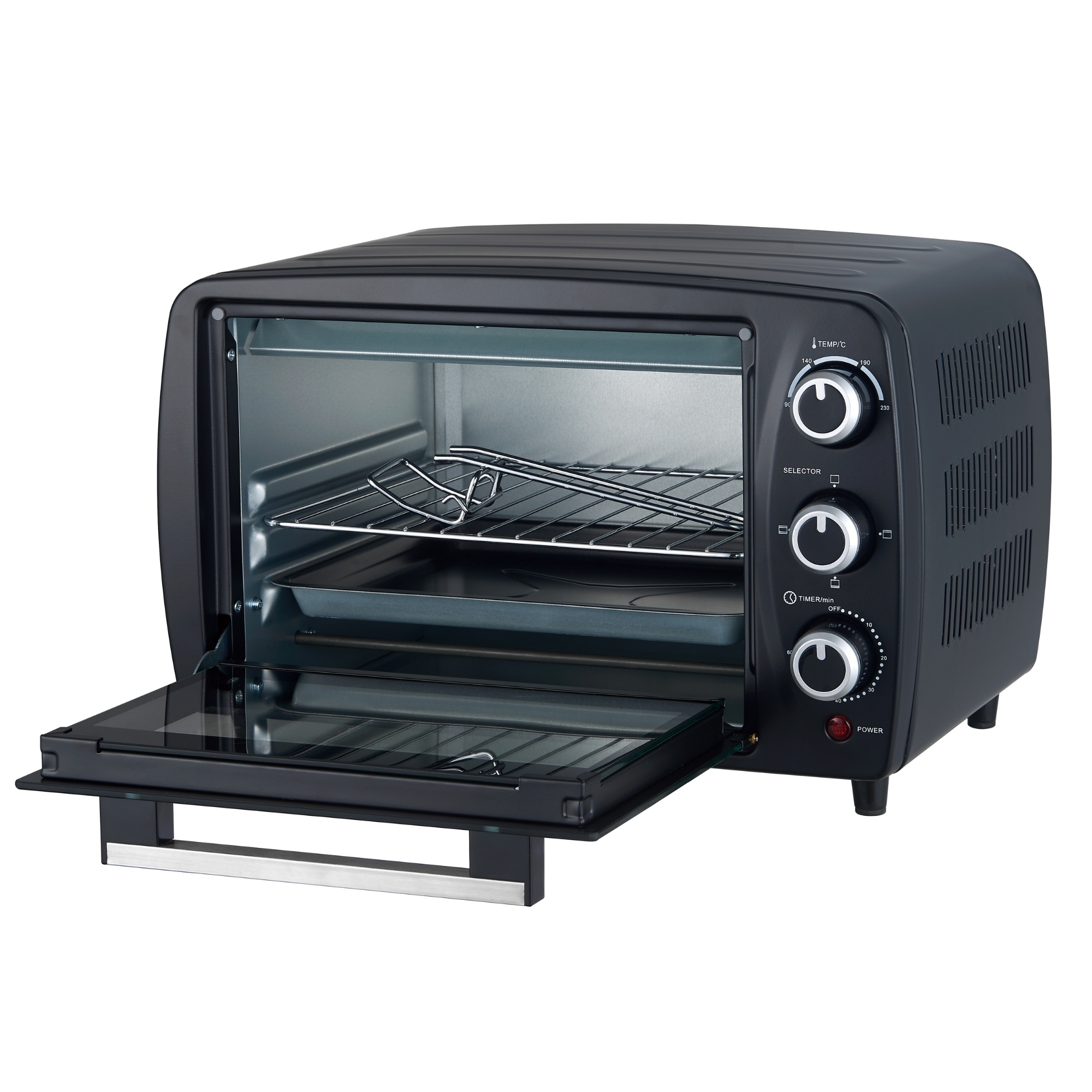 Forno nero, porta aperta, con griglie interne. Manopole per temperatura, funzione e timer.