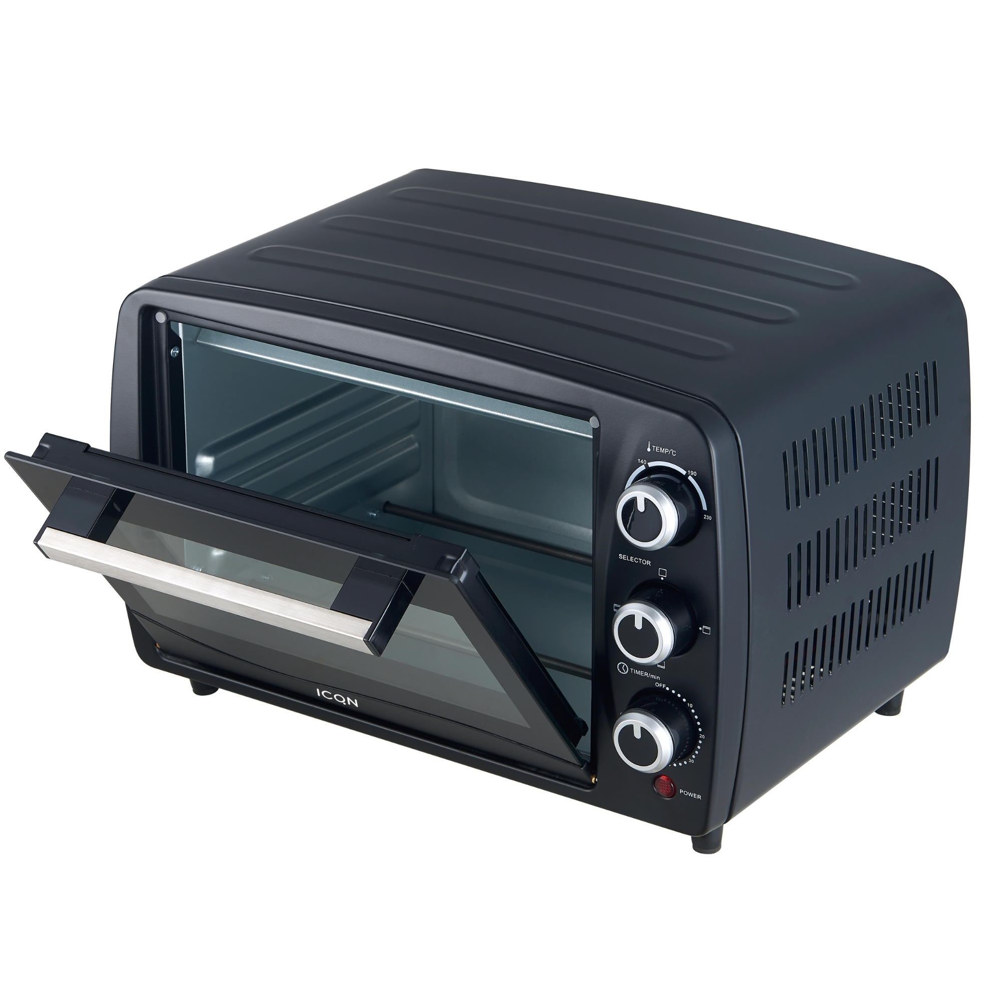 Un forno nero con la porta aperta, che mostra l'interno e le manopole di controllo.