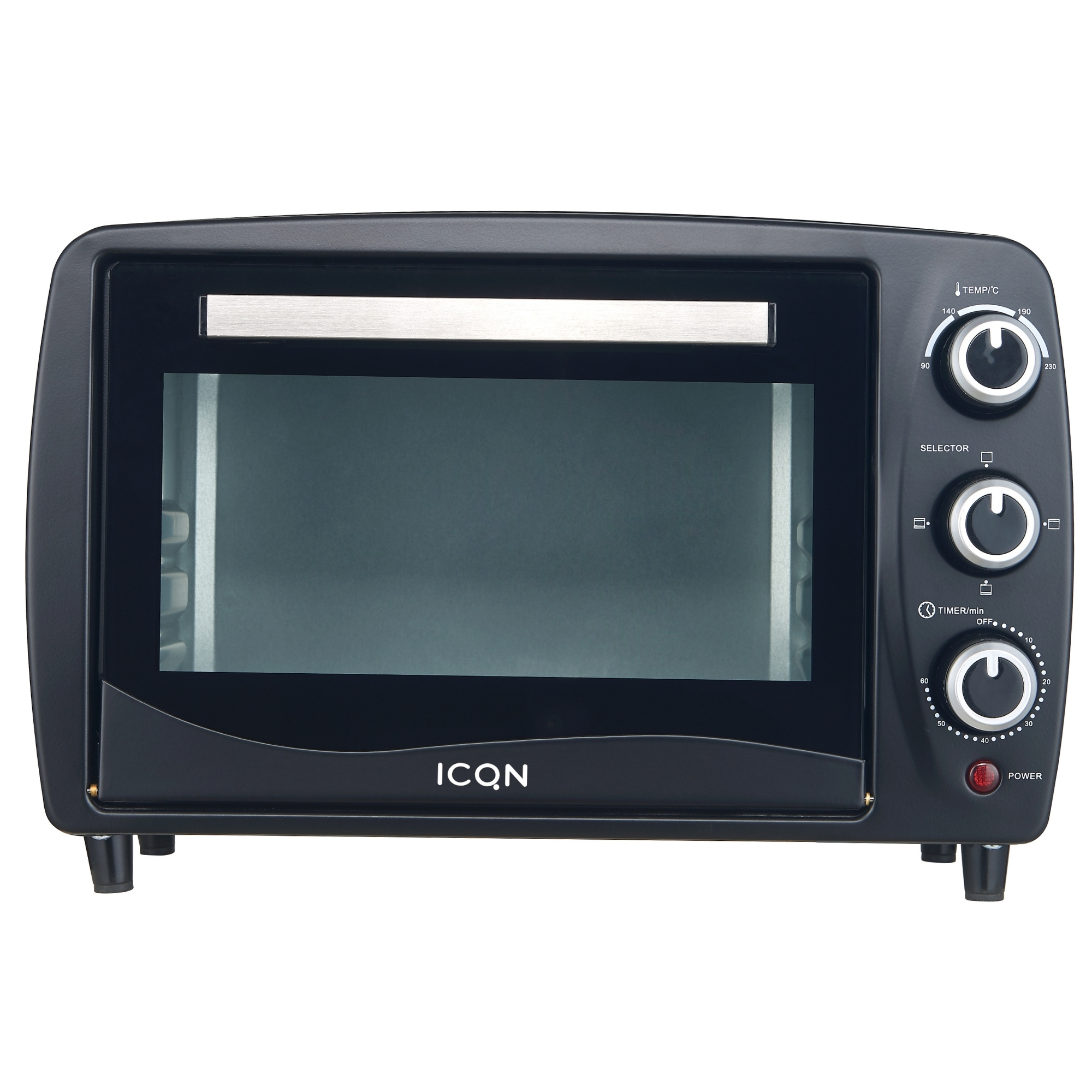 Forno nero, vista frontale, con controlli per temperatura e timer.
