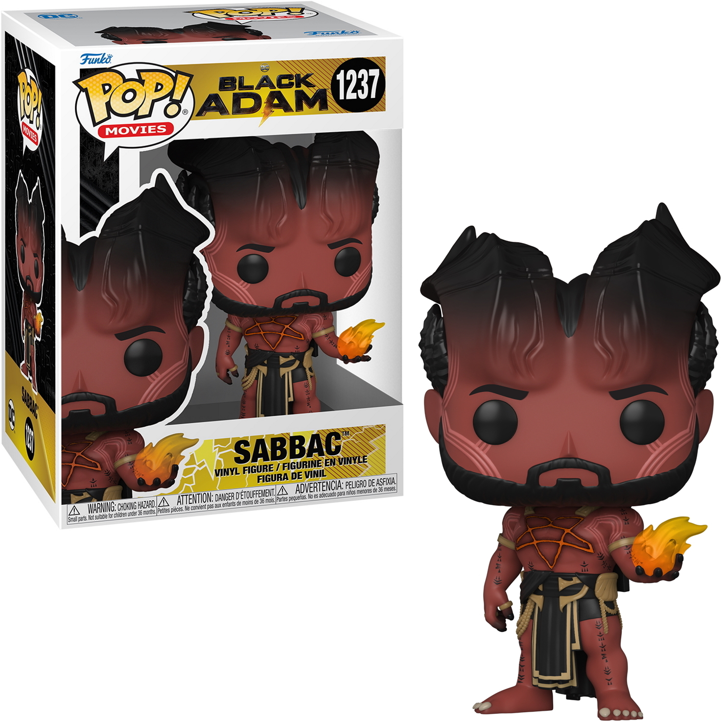 Funko Pop Figur von Sabbac aus Black Adam. Figur ist rot mit schwarzen Hörnern und Flamme.