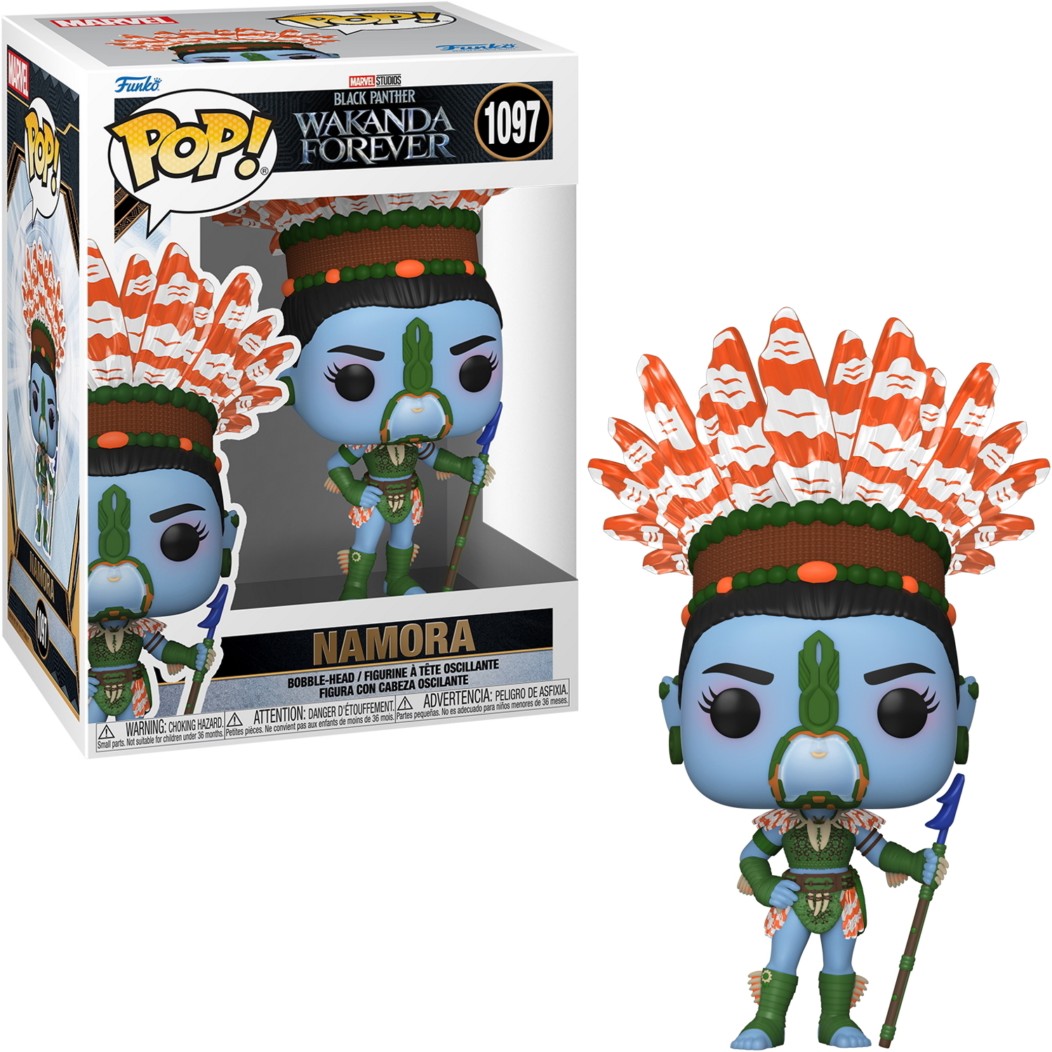 Eine Funko Pop Figur von Namora aus Black Panther: Wakanda Forever. Sie trägt blaue Gesichtsfarbe und orangefarbenes Kopfschmuck.