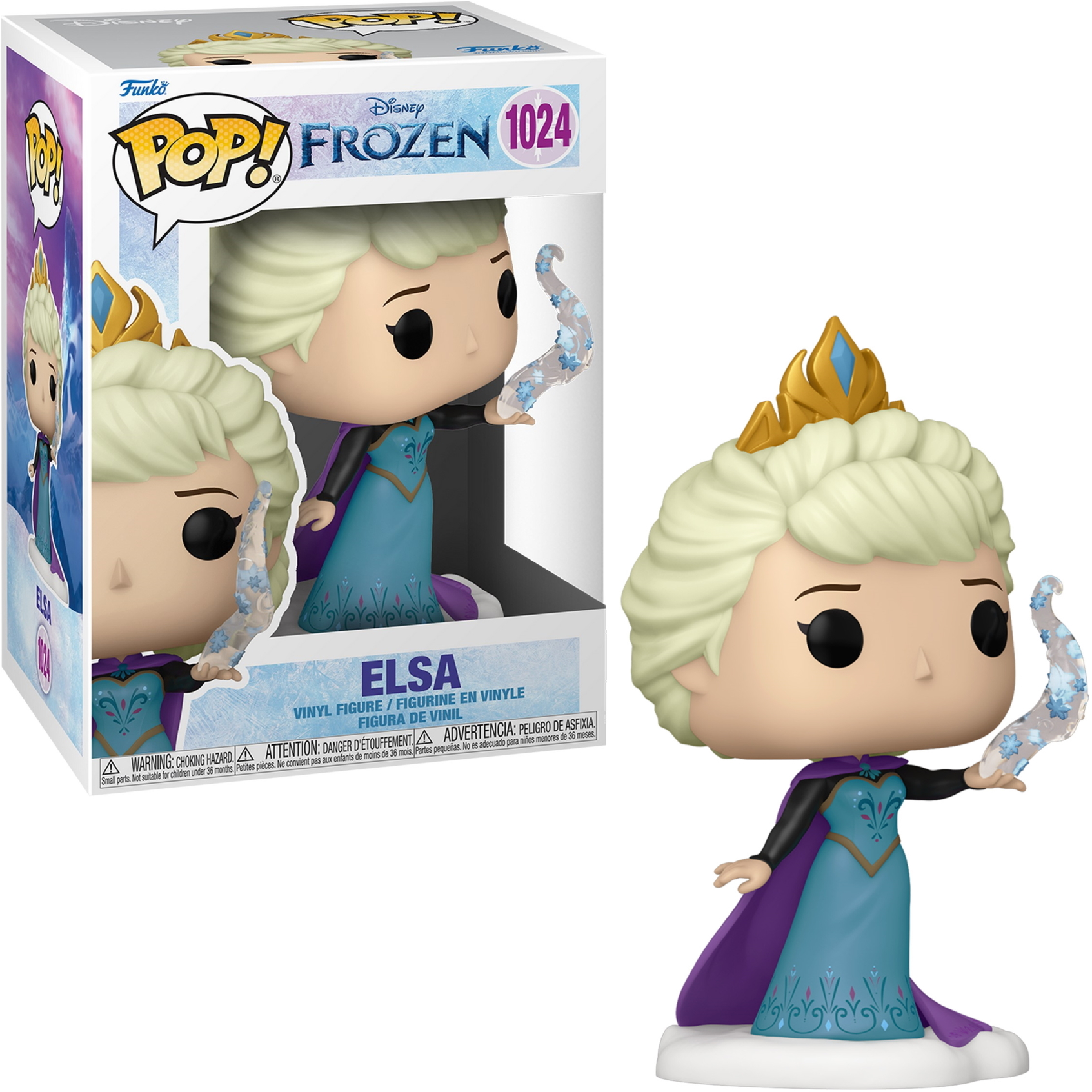 Figura Funko Pop de Elsa con efecto de hielo. Cabello rubio, vestido azul y figura en caja.