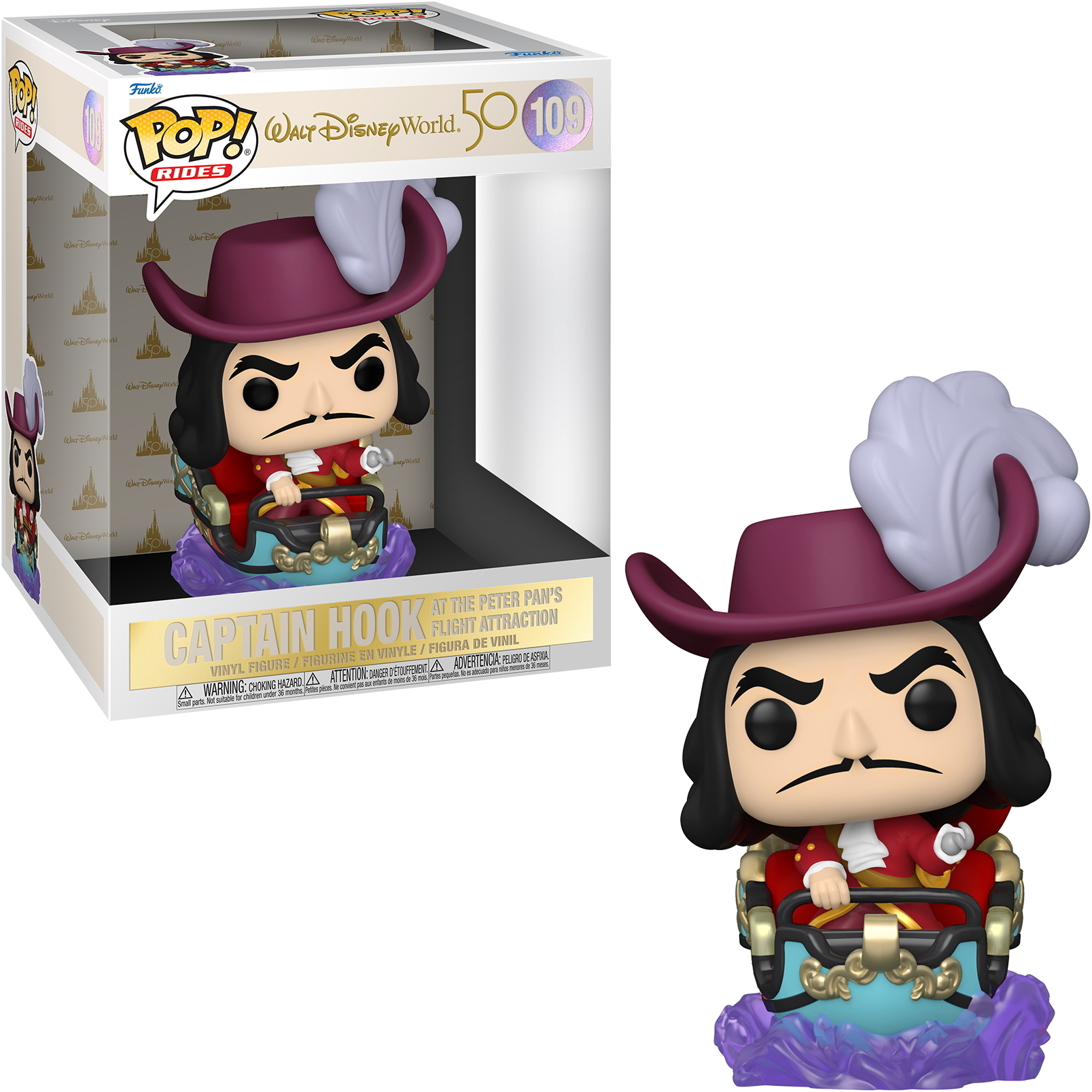 Captain Hook Funko Pop figure in a box, with a purple hat and a feather.