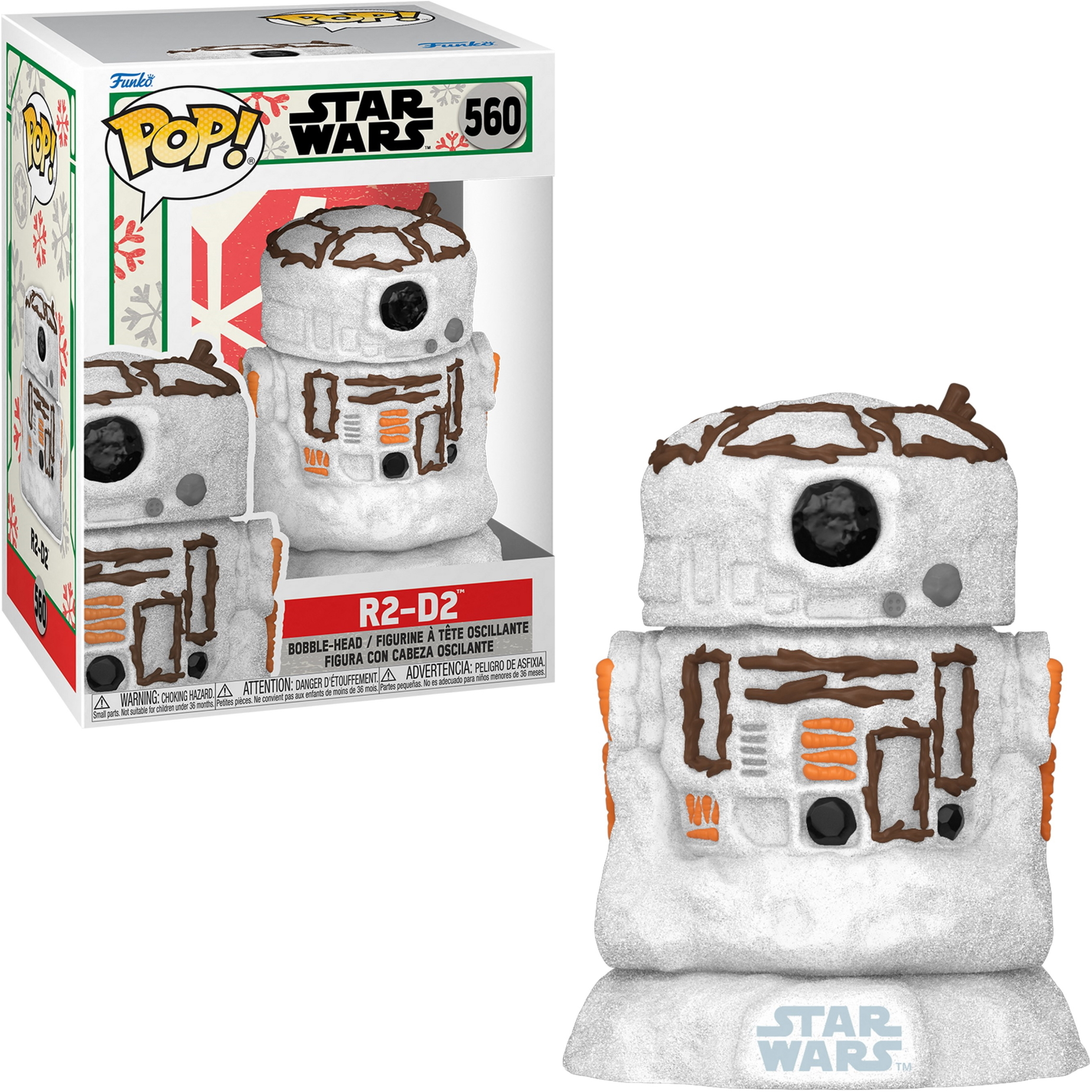 Una figura di Star Wars R2-D2 in una scatola, con un design simile a un pupazzo di neve.