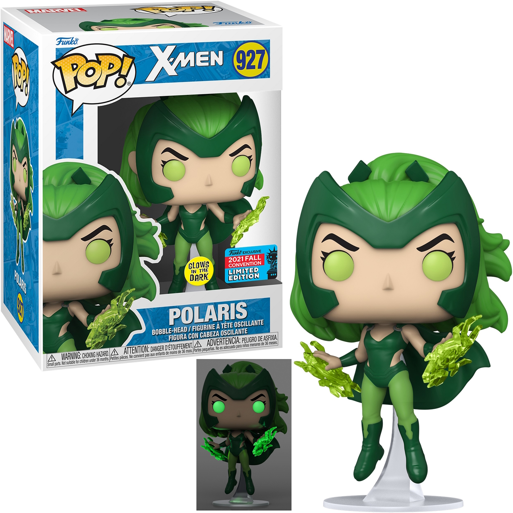 Polaris-Figur, trägt Grün und hält grüne Energie. Box mit Polaris im Hintergrund.