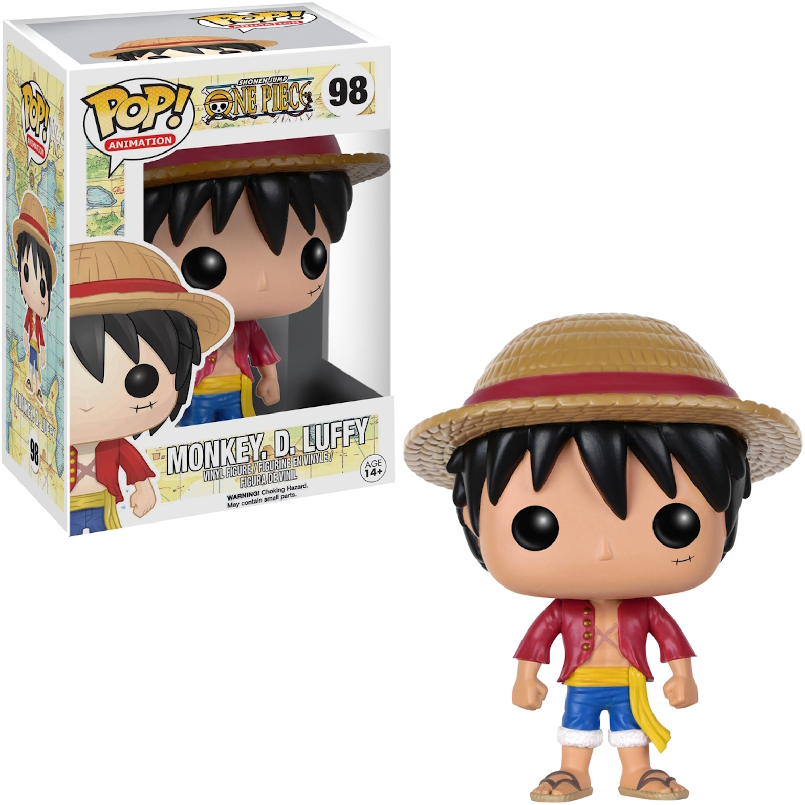 Monkey D. Luffy Figur in Box. Er trägt Strohhut, rotes Hemd, blaue Shorts und Sandalen.