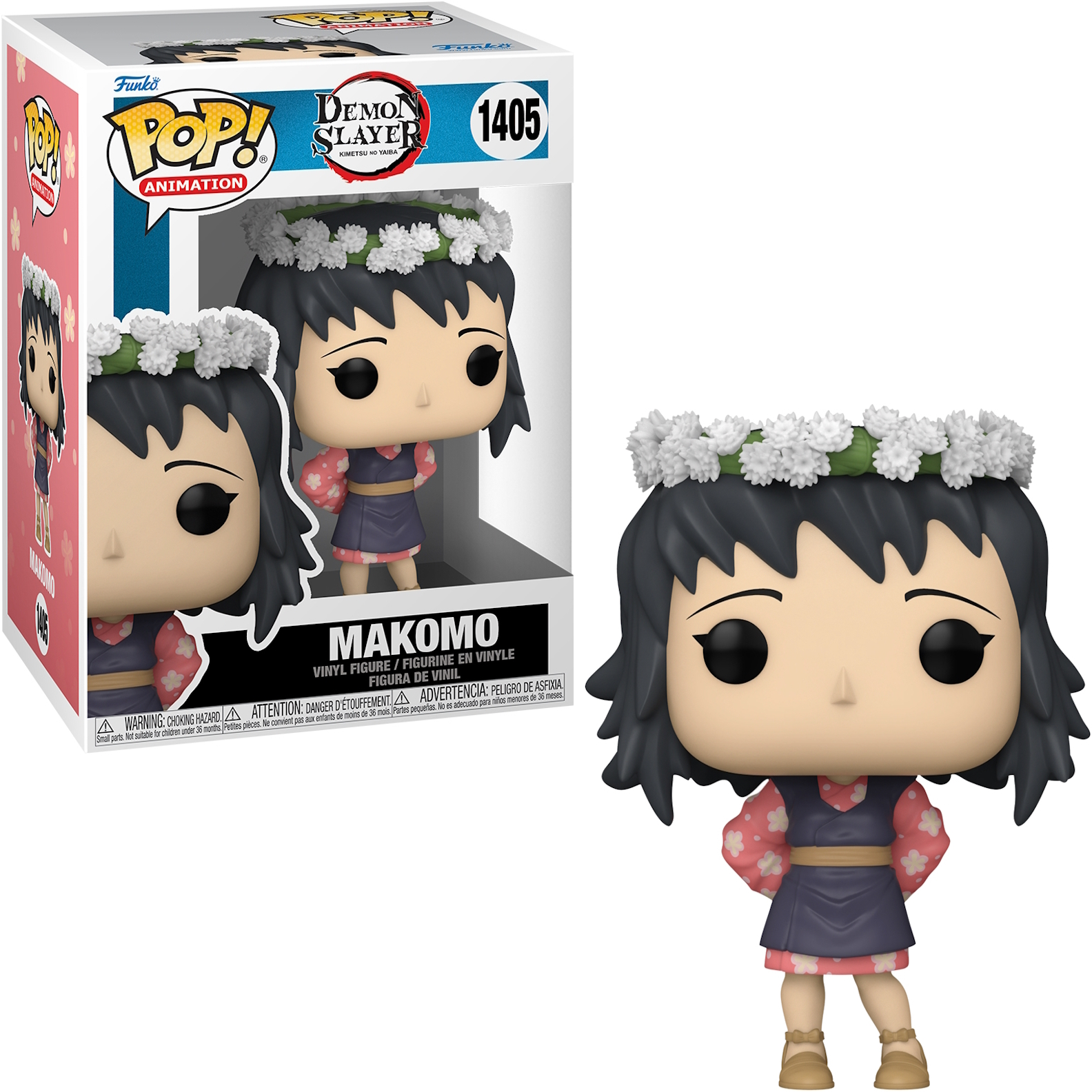 Makomo Funko Pop-Figur, in der Box, mit Blumenkranz. Sie trägt ein Kleid.