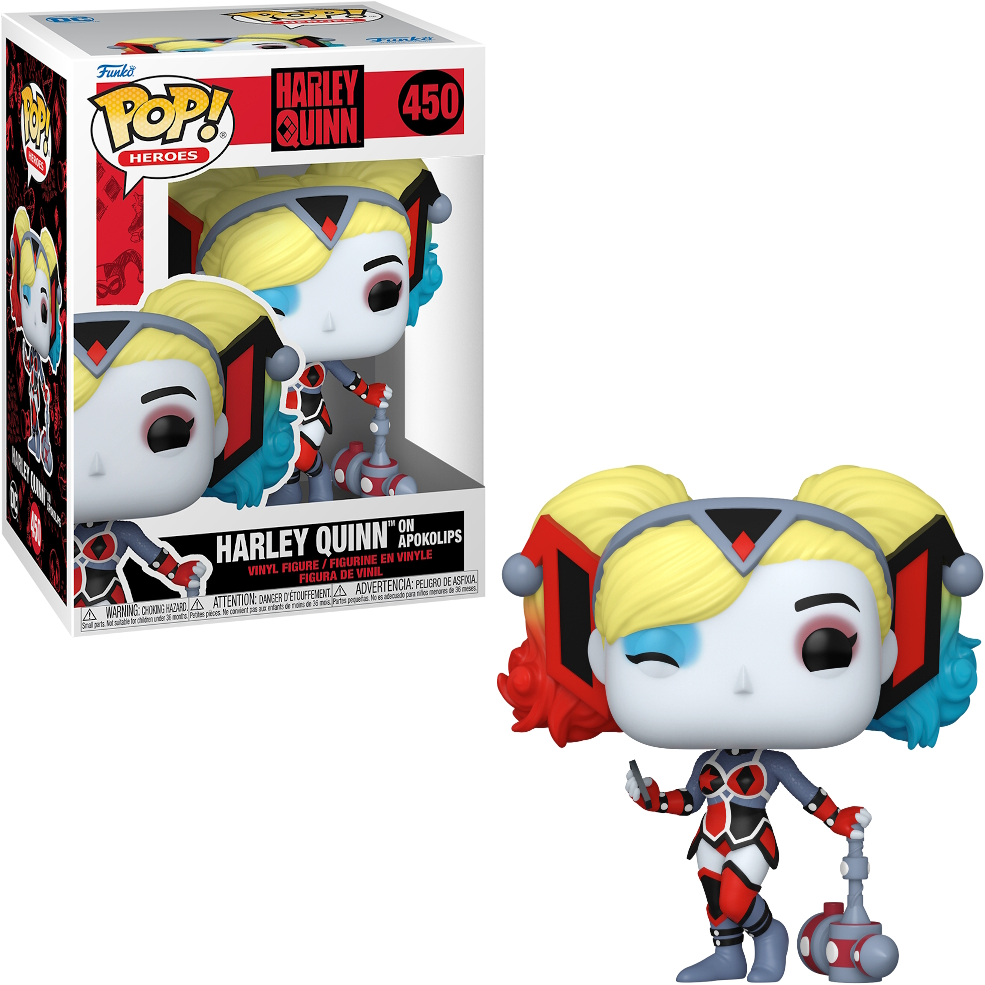 Eine Funko Pop-Figur von Harley Quinn in und außerhalb der Box. Sie zwinkert und hält einen Schlägel.