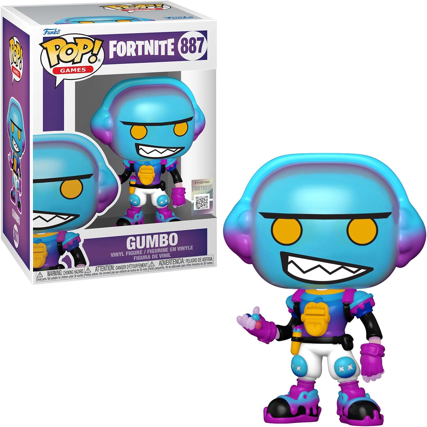 Eine Fortnite Gumbo Funko Pop Figur steht neben ihrer Box. Die Figur ist türkis mit lila Akzenten und lächelt.