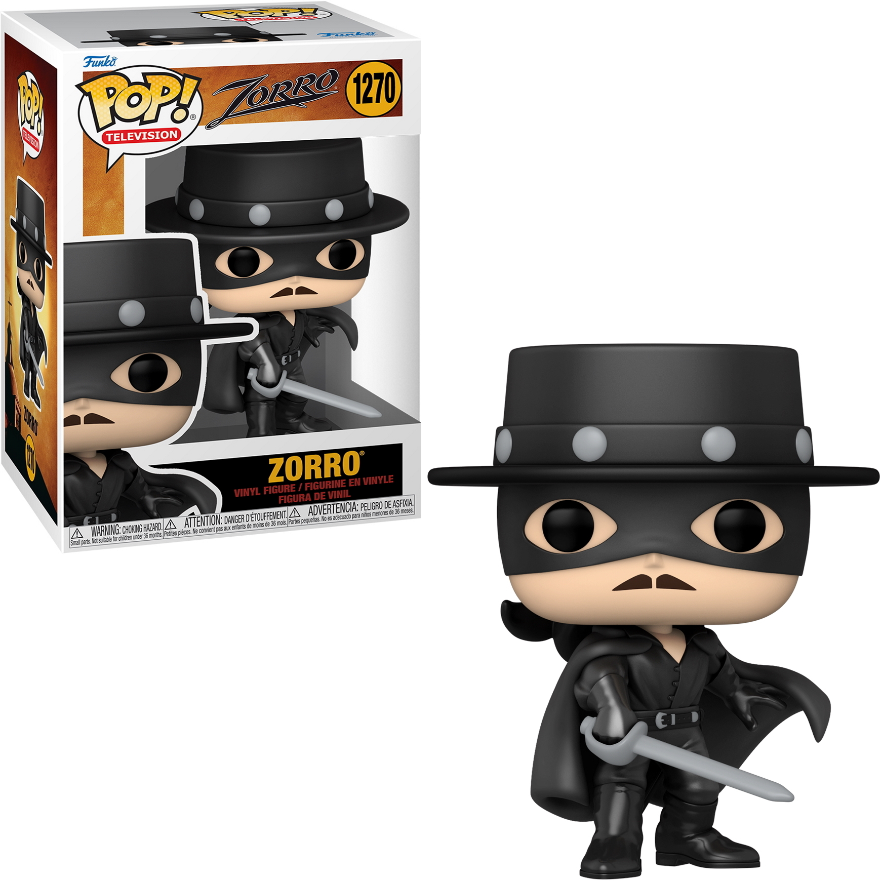 Figura Funko Pop Zorro en caja y primer plano de la figura con espada.