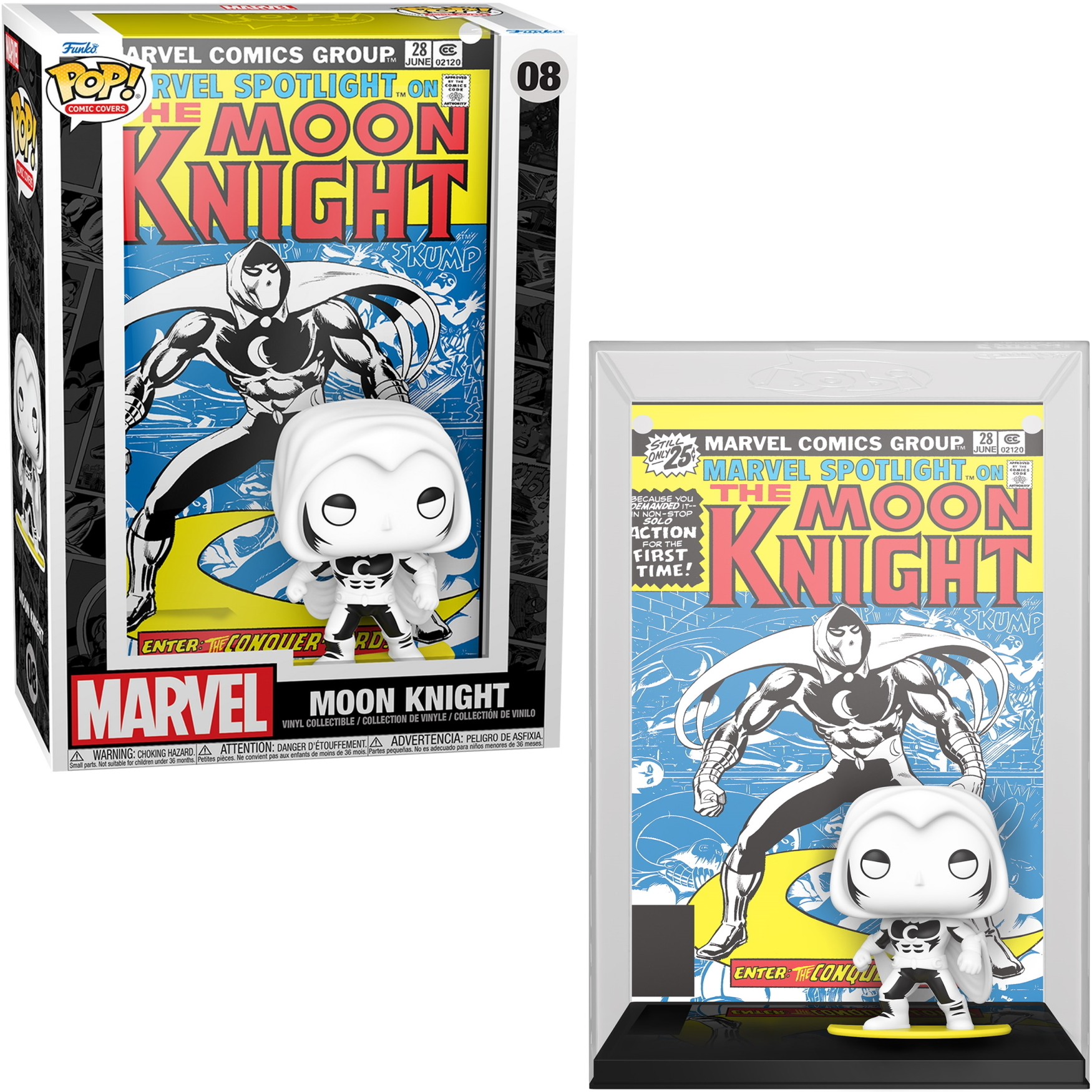 Funko Pop der Moon Knight-Figur aus Marvel-Comics. Figur in und außerhalb der Box.