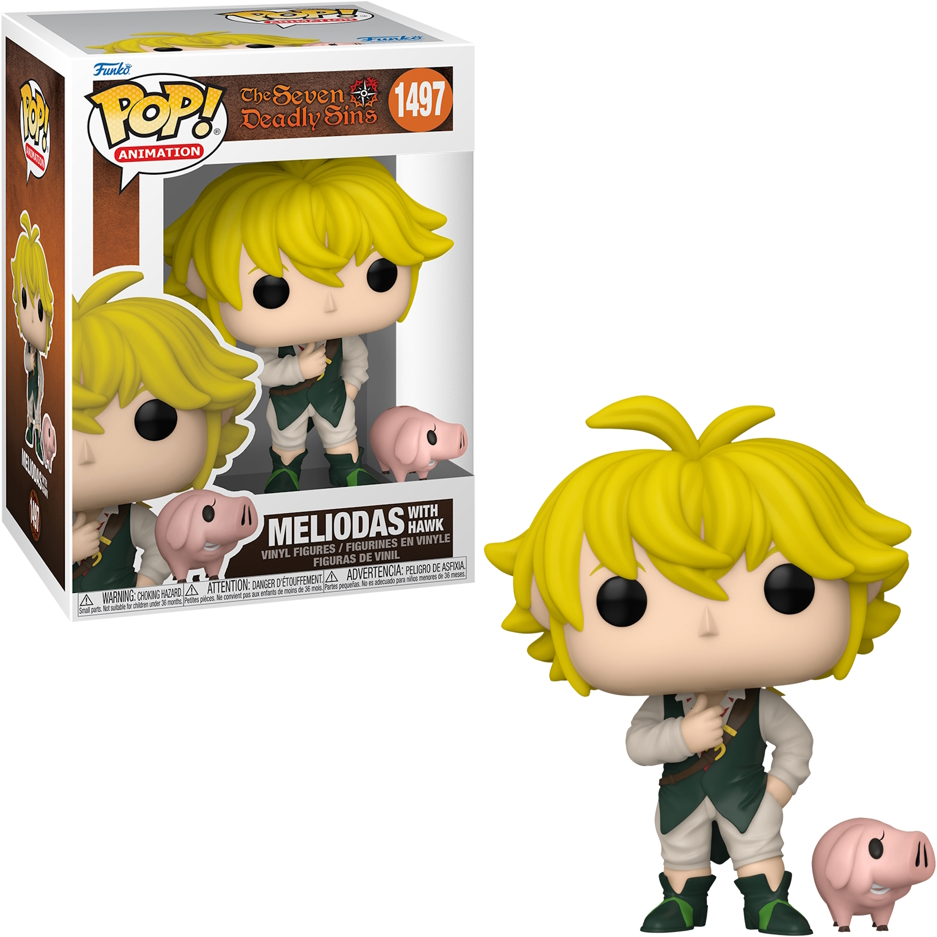 Figurka Funko Pop Meliodasa z Hawk, z The Seven Deadly Sins, z pudełkiem w tle.