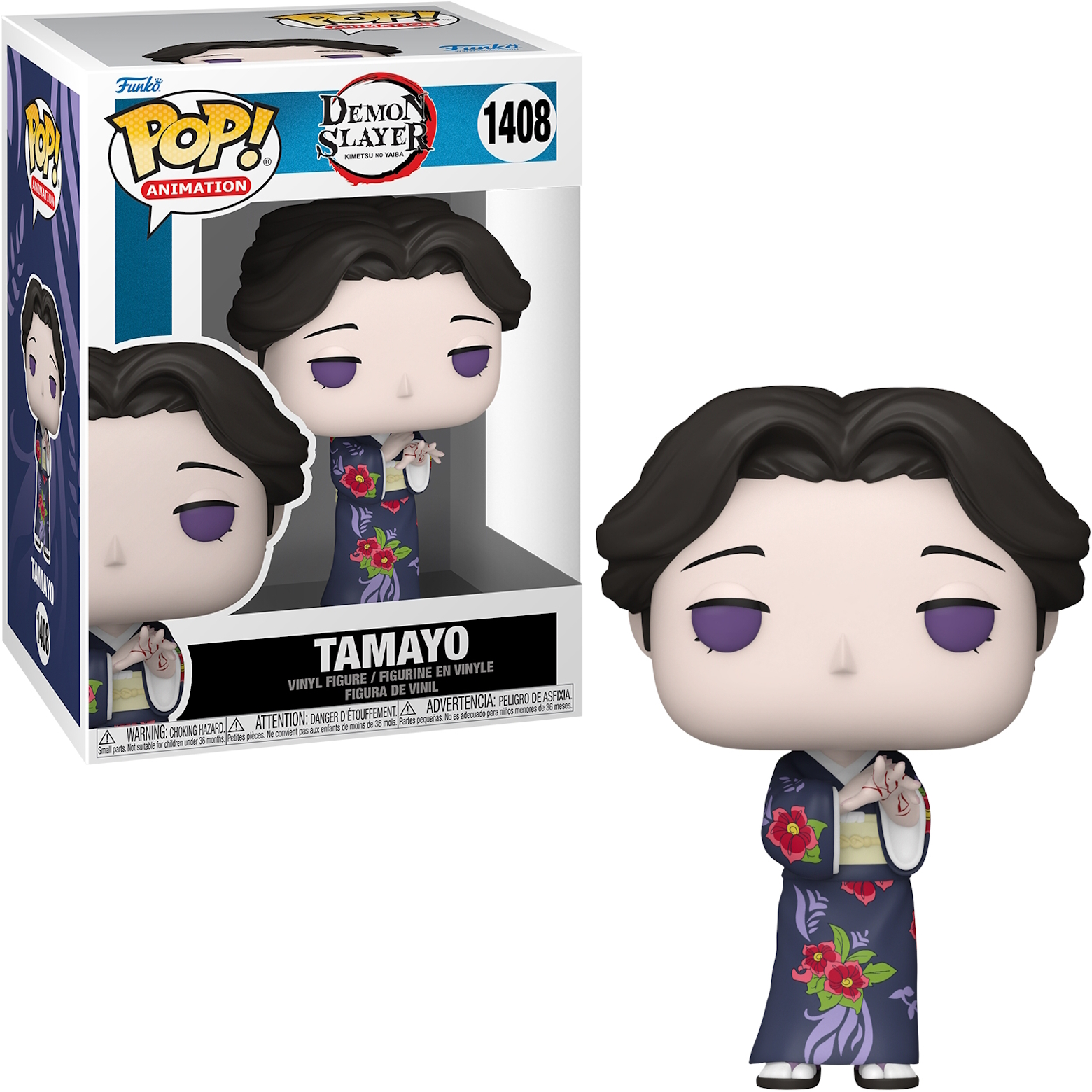 Funko Pop Figur von Tamayo aus Demon Slayer, in der Box. Sie trägt einen Blumenkimono und hat dunkles Haar.