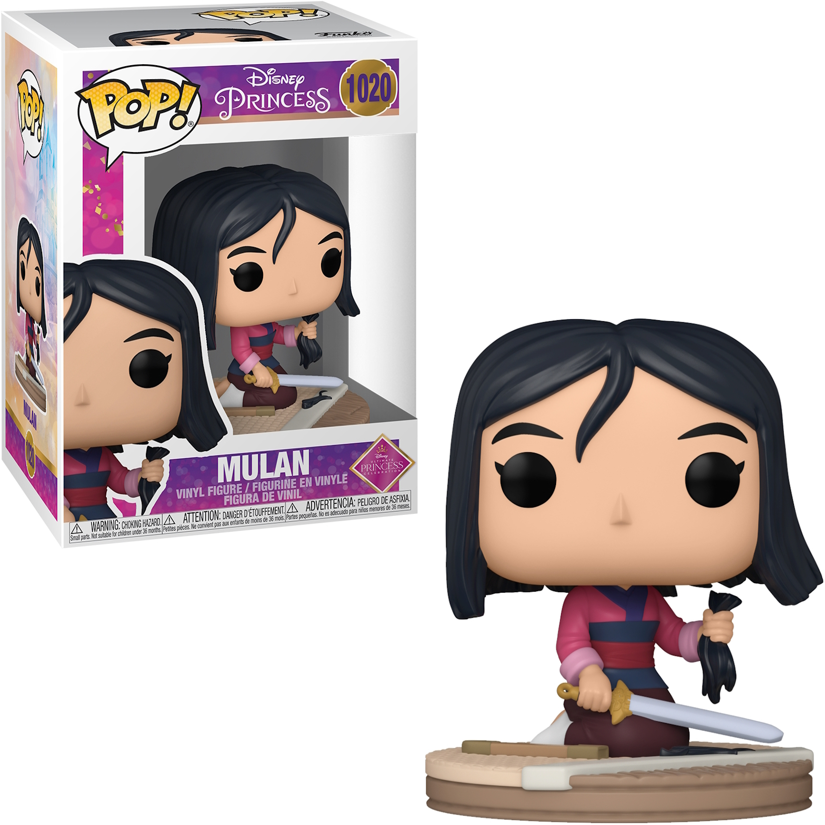 Figura Funko Pop de Mulan. Cabello negro, atuendo rosa y rojo, sosteniendo una espada. Arte de la caja incluido.