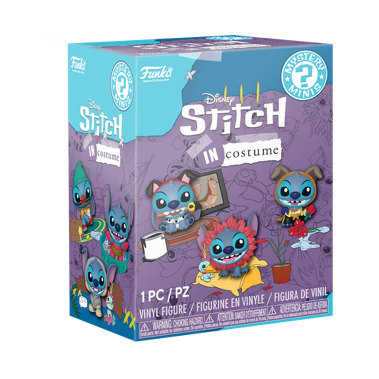 Stitch in Kostüm Mystery Box mit verschiedenen Stitch-Figuren.
