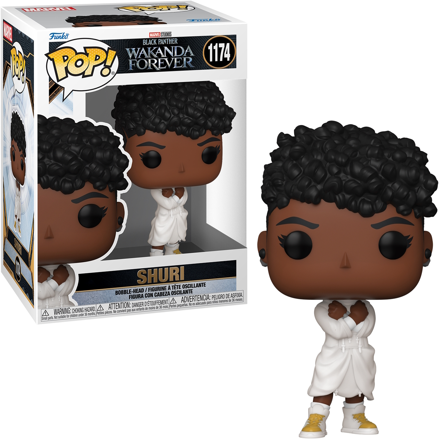 Figura Funko Pop di Shuri di Black Panther, in accappatoio bianco, scatola sullo sfondo.