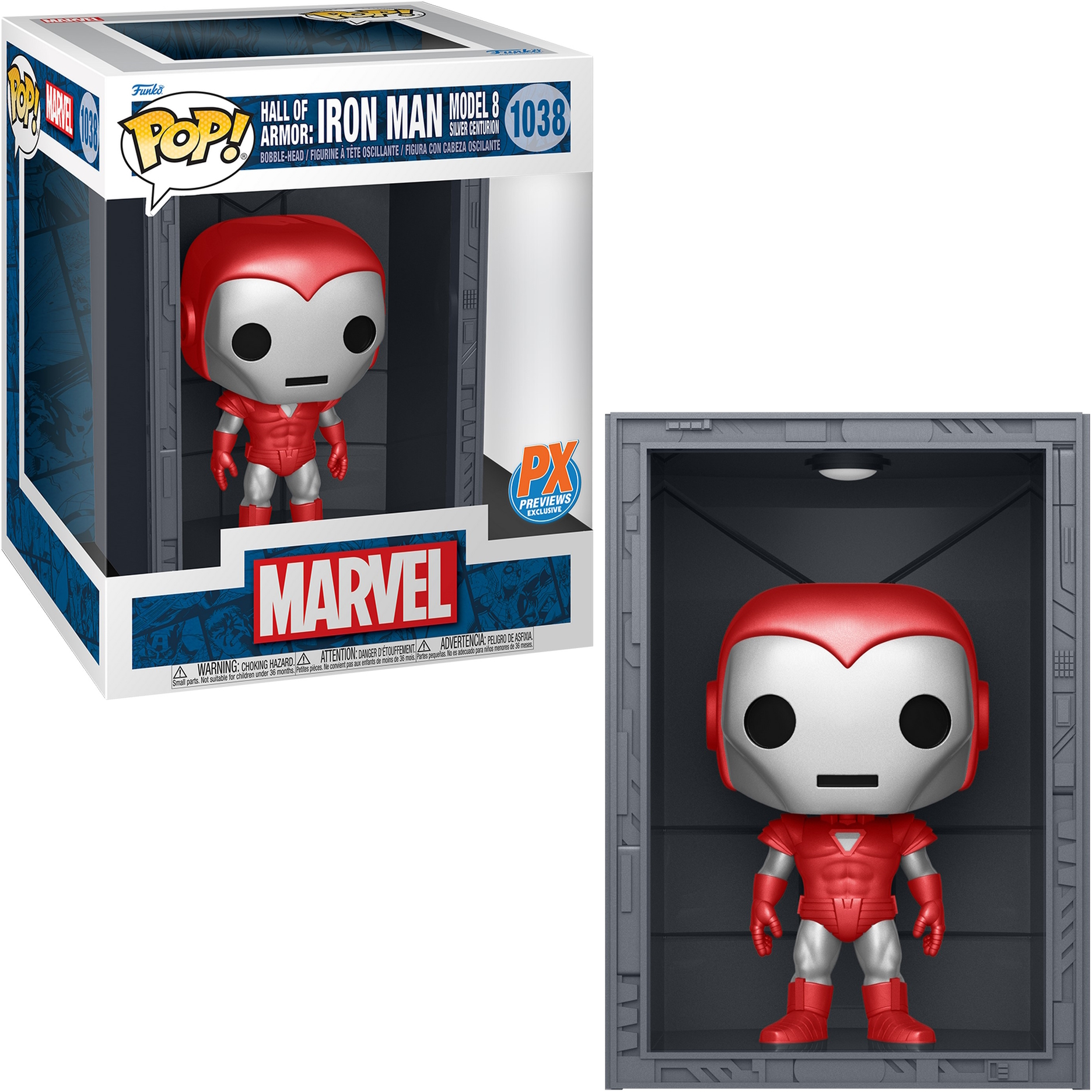 Een Funko Pop figuur van Iron Man in een vitrine, met een grijze muur als achtergrond.