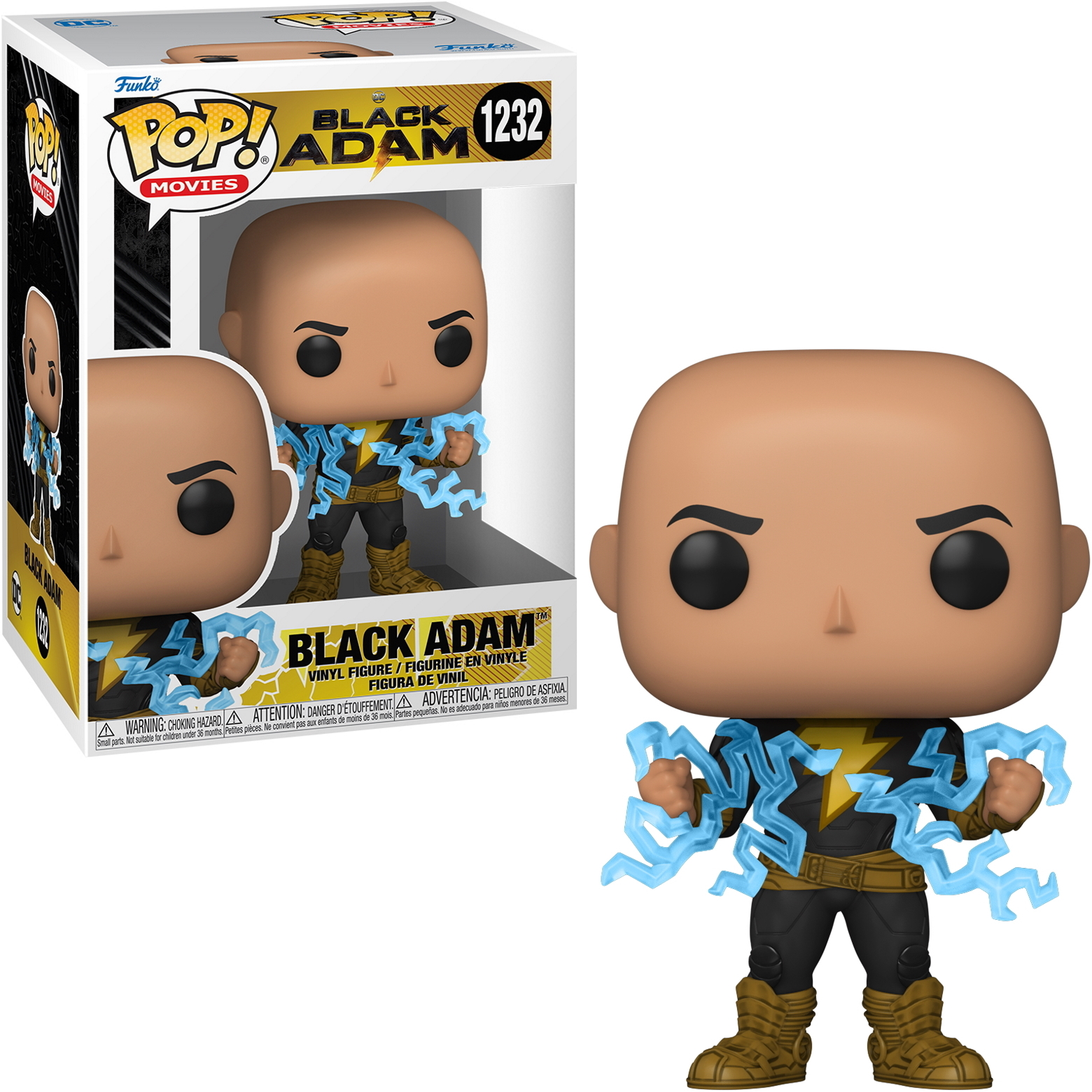 Funko Pop di Black Adam. La figura è calva, con effetti di fulmini blu.