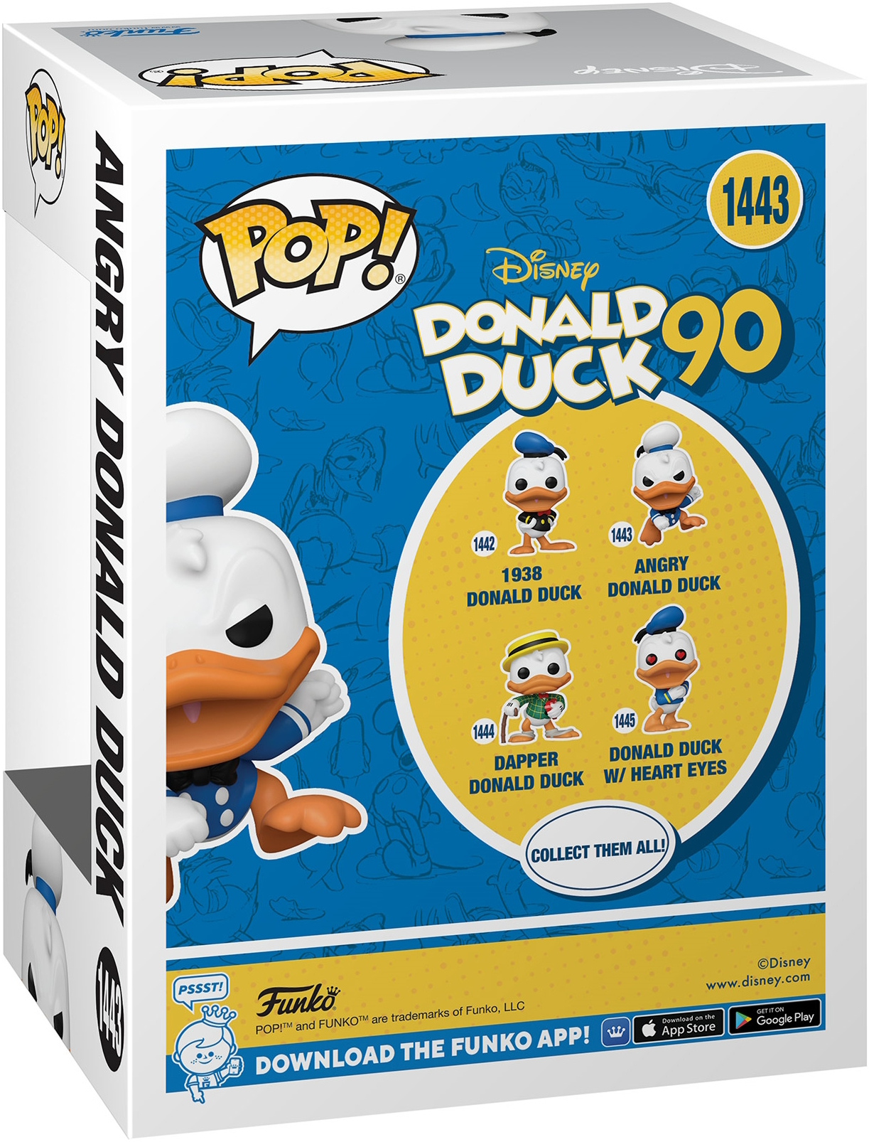Arte de la caja de Angry Donald Duck Funko Pop. Muestra la figura, sus detalles y otros personajes.