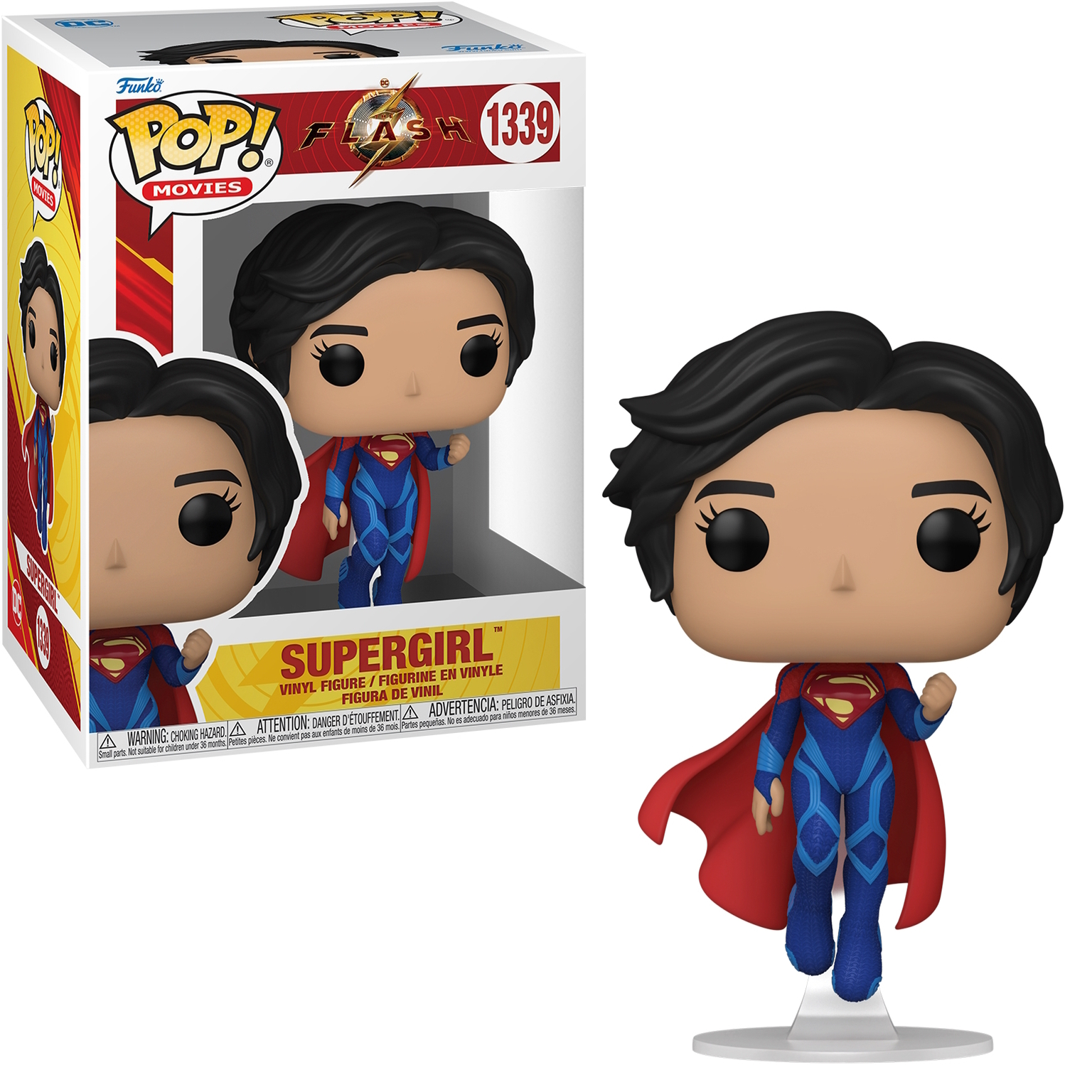Figura Supergirl Funko Pop con caja. Figura con traje azul y capa roja, en pose de acción.