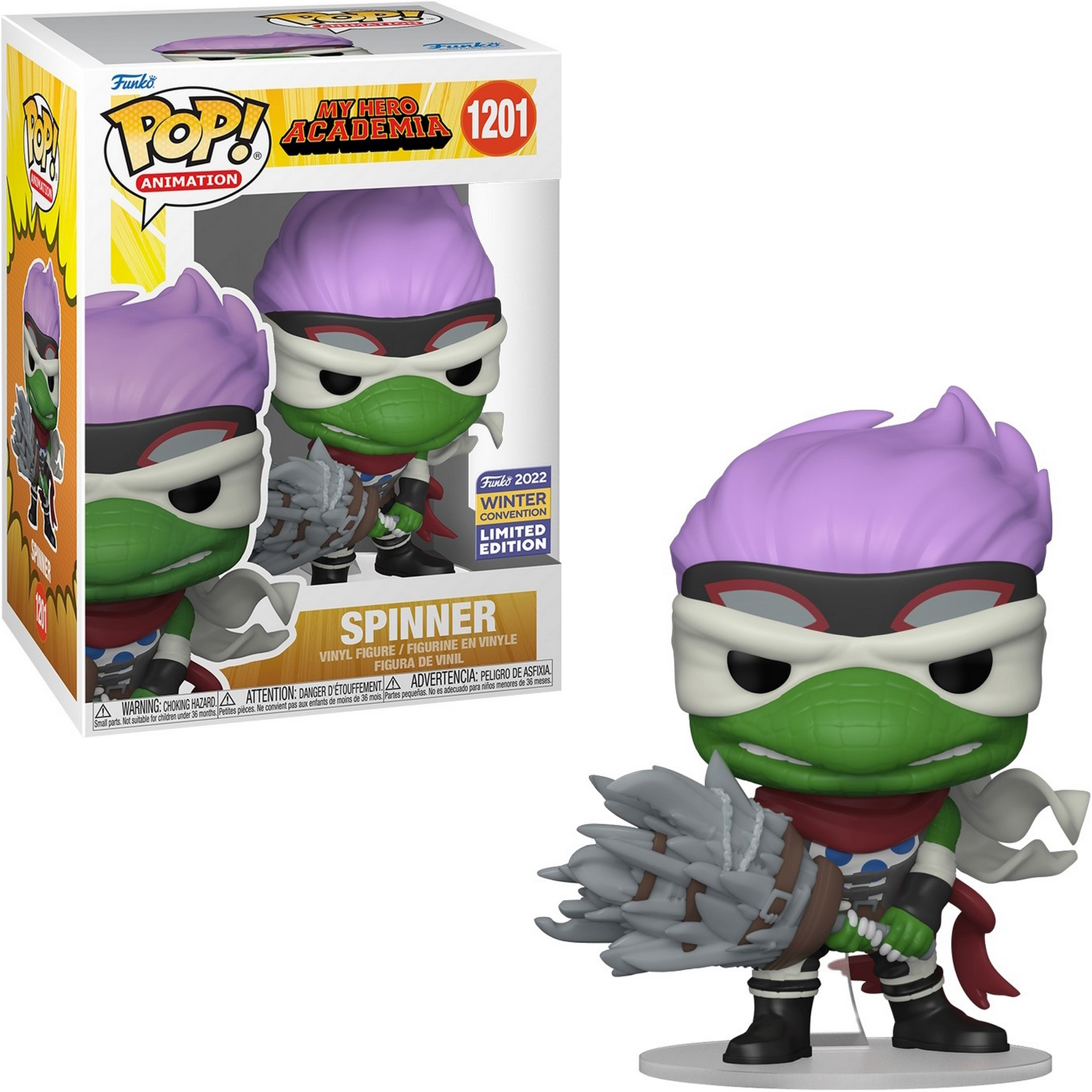 Figura de Spinner Funko Pop sosteniendo un arma. Figura en caja mostrada a la izquierda.