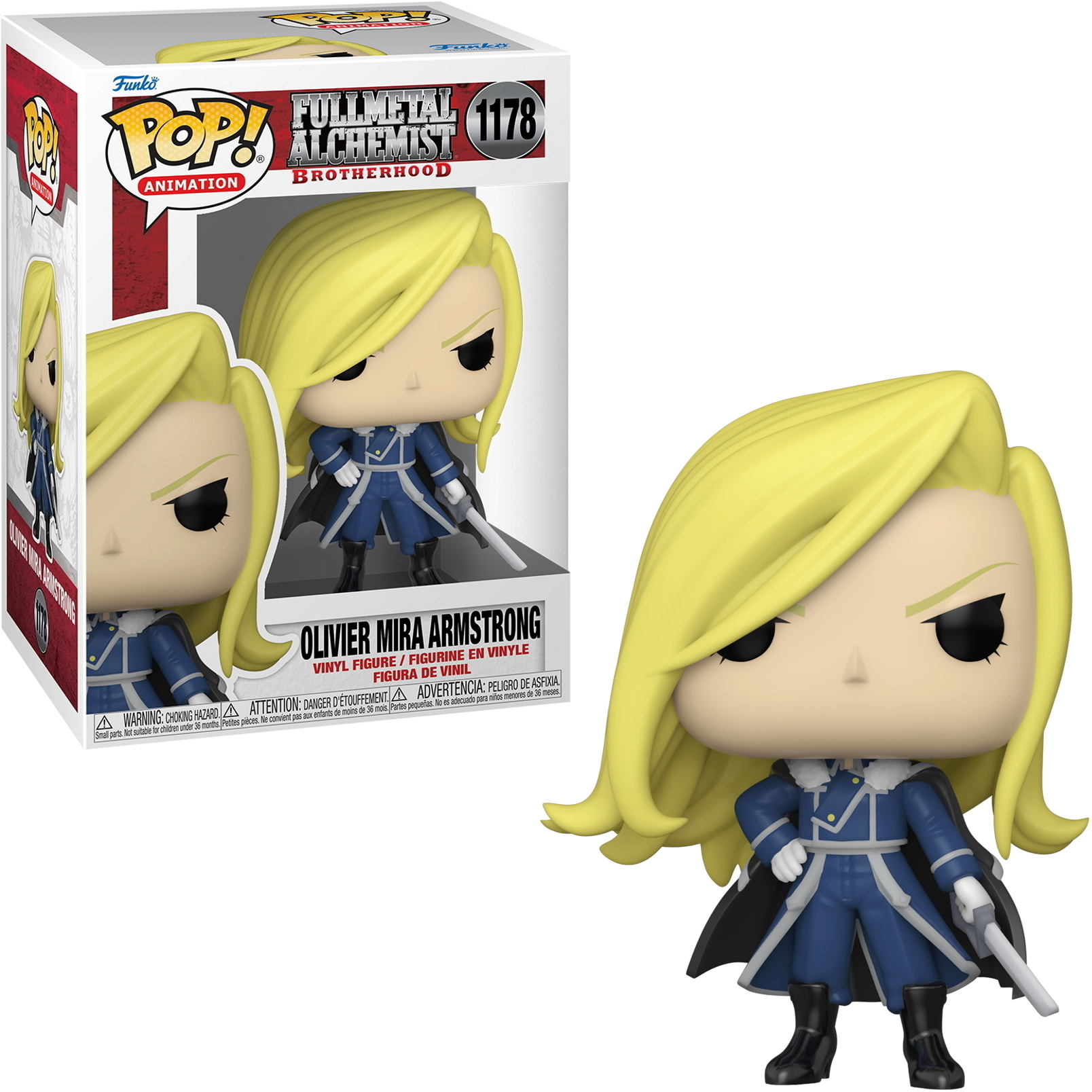 Funko Pop Figur von Olivier Mira Armstrong aus Fullmetal Alchemist. Blondes Haar, blaue Uniform.