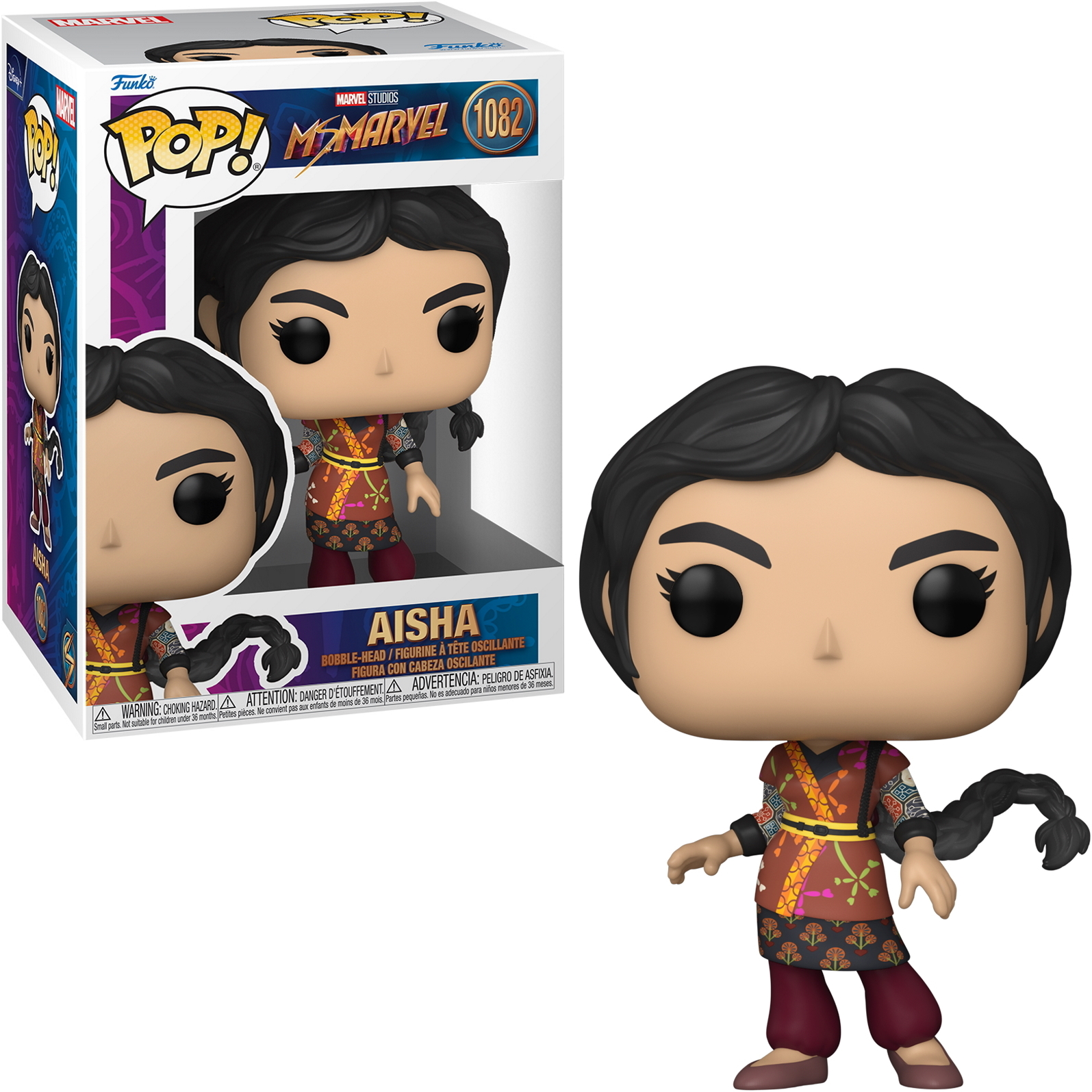 Ms. Marvel Funko Pop-Figur. Sie zeigt die Figur mit dunklem Haar, einem Kostüm und einer Box mit dem Bild der Figur.