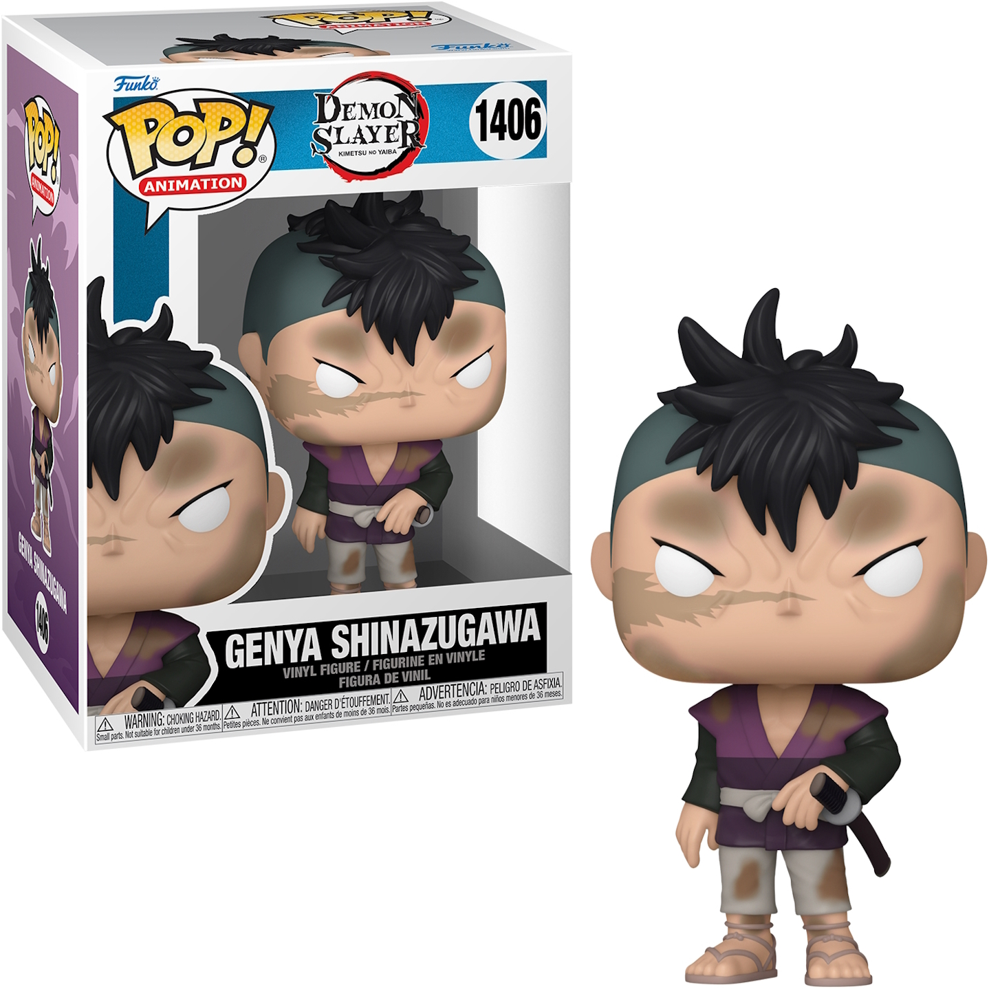 Figura Funko Pop! de Genya Shinazugawa de Demon Slayer, dentro y fuera de la caja.