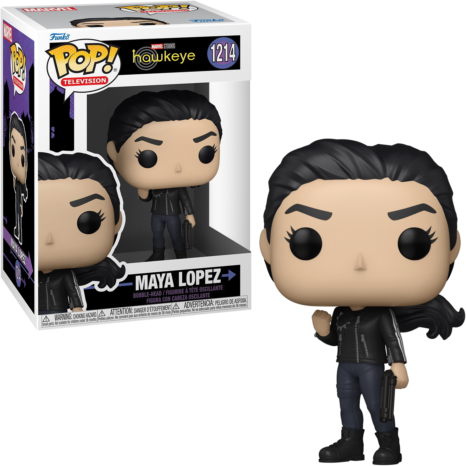 Figura Funko Pop di Maya Lopez con giacca nera e jeans. Con una pistola, con scatola sullo sfondo.