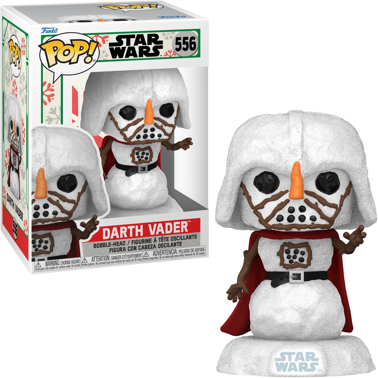 Funko Pop di Darth Vader come pupazzo di neve. Indossa un mantello rosso e ha un naso di carota.