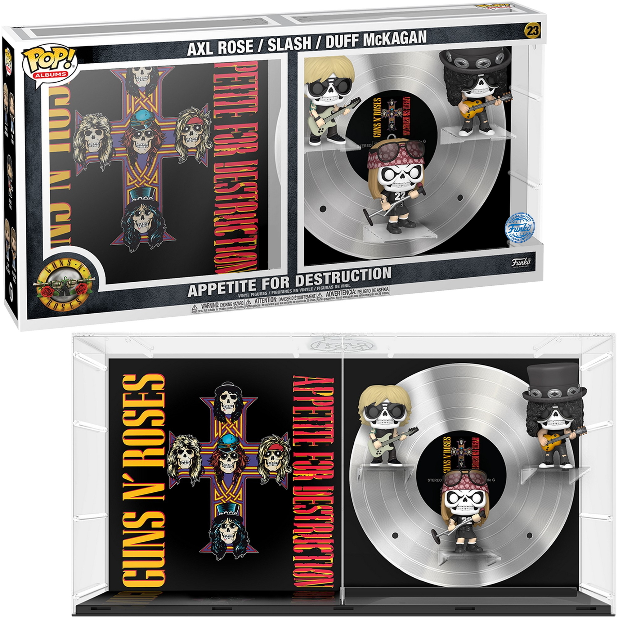 Funko Pop Set von Guns N' Roses, mit Albumcover und Figuren von Axl, Slash und Duff.