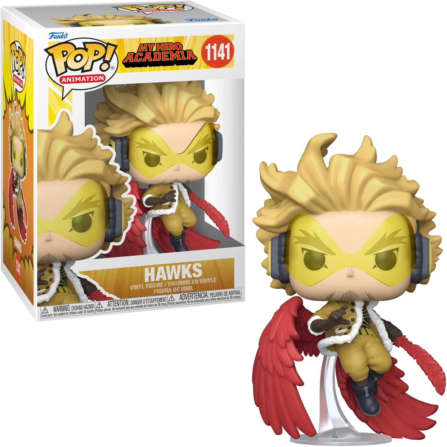 Figurka Funko Pop Hawks w pozie bohatera, ze skrzydłami i pudełkiem.
