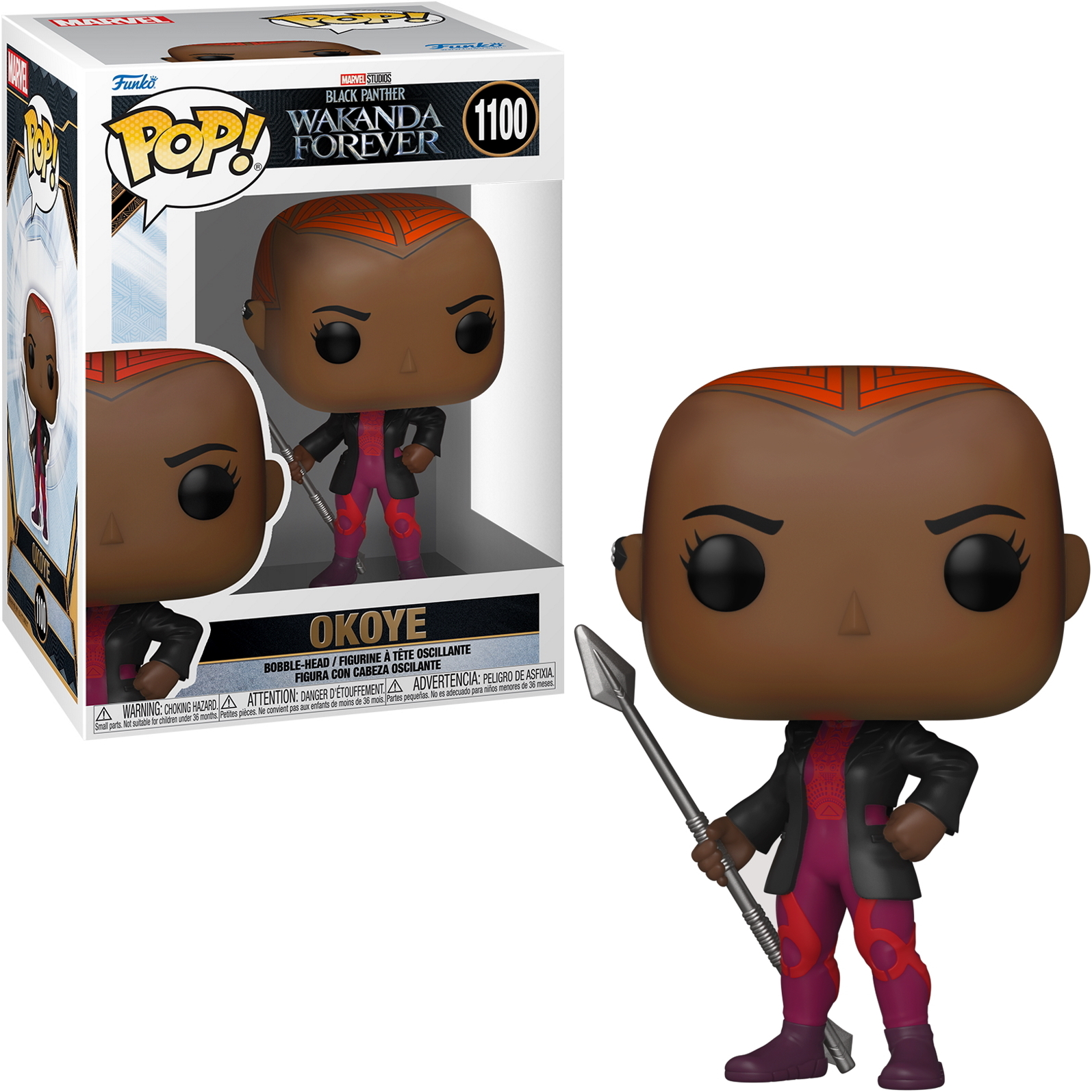 Figura Okoye Funko Pop con scatola. Sta tenendo una lancia. La scatola ha altre immagini di lei.