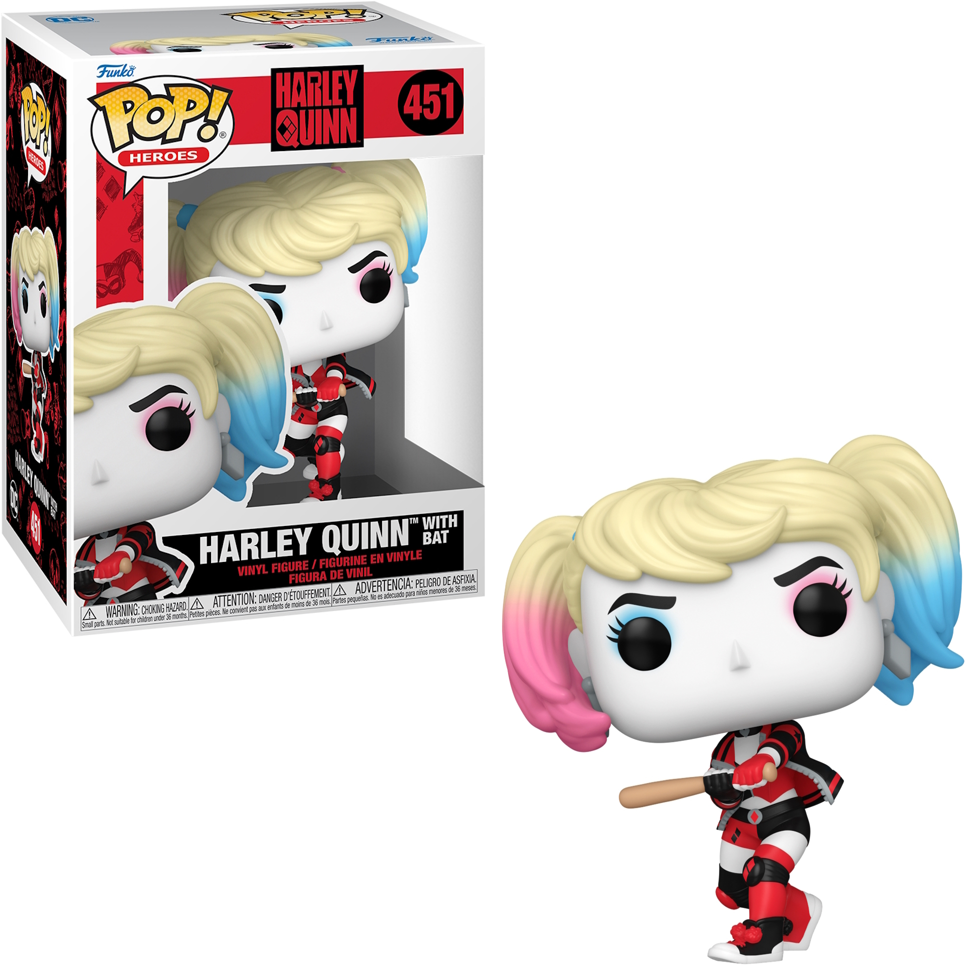 Funko Pop di Harley Quinn con mazza. In scatola e fuori. Codini biondi, completo rosso e nero.