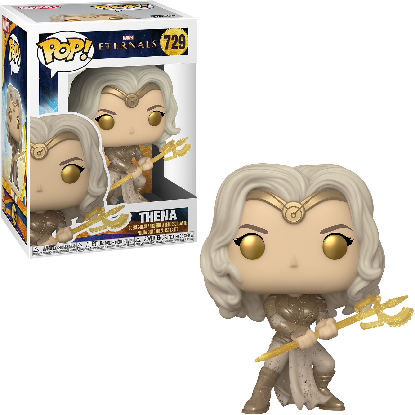 Figurka Funko Pop Theny z Eternals. Trzyma złotą broń i ma za sobą pudełko.