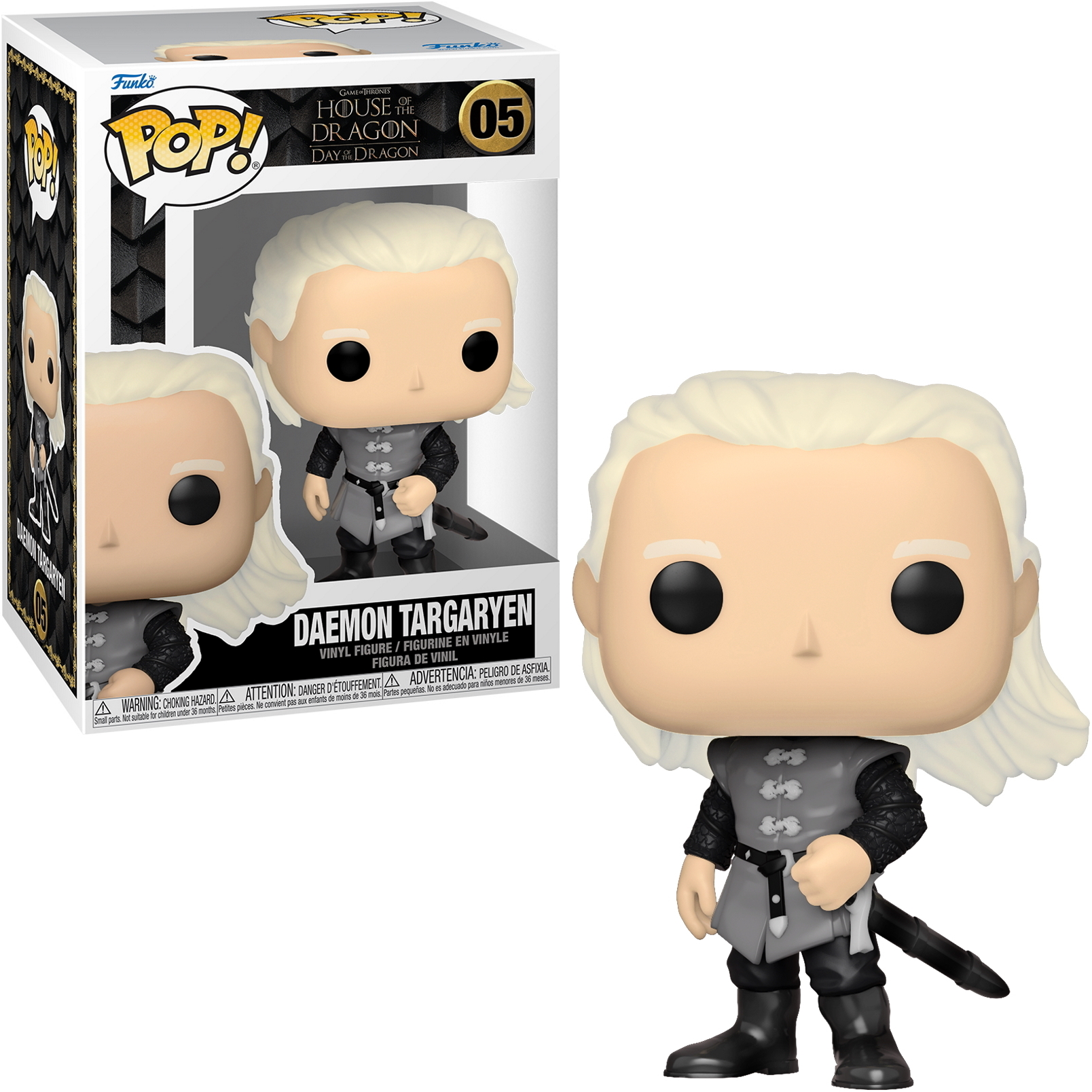 Funko Pop Figur von Daemon Targaryen. Er trägt ein graues Outfit, ein Schwert und lange weiße Haare.