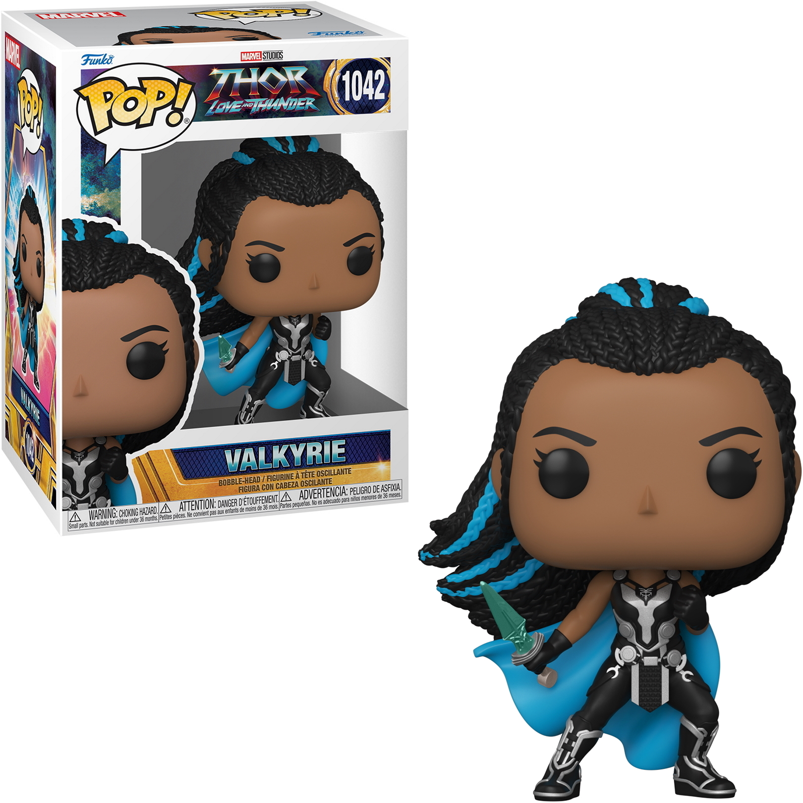 Figura Funko Pop di Valkyrie con mantello blu, che tiene una spada, con una scatola.