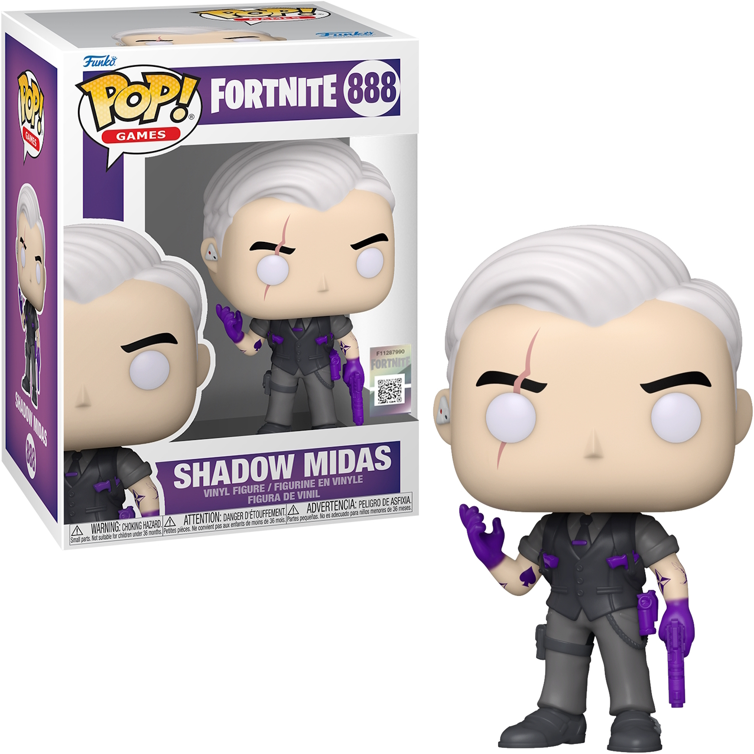 Funko Pop-Figur von Shadow Midas aus Fortnite, mit Box.