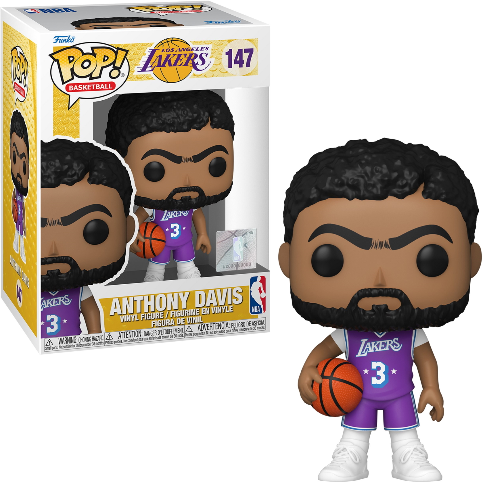 Anthony Davis Funko Pop Figur. Er trägt ein Lakers-Trikot und hält einen Basketball.