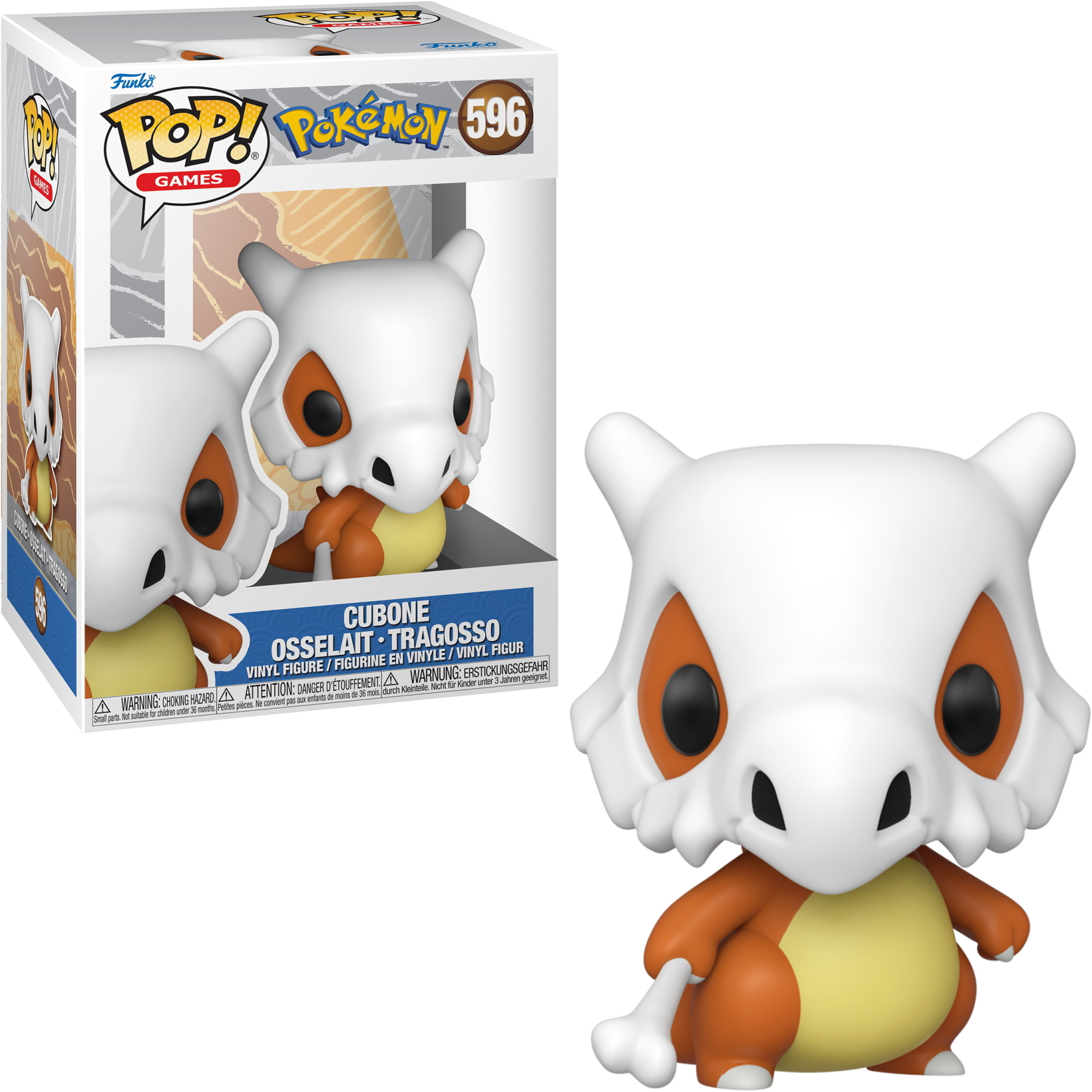 Cubone Pokemon Funko Pop Figur. Die Figur ist orange und weiß, mit einem Knochen in der Hand.