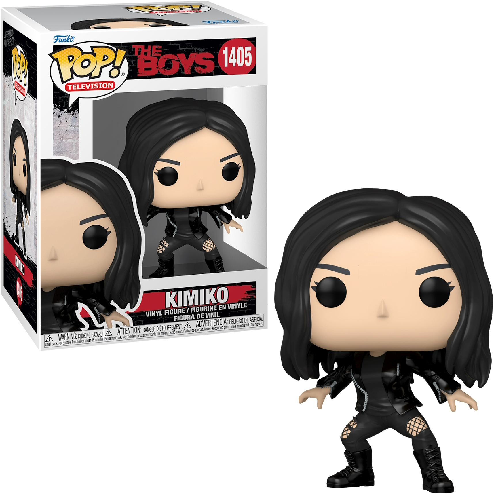 Kimiko-Figur in Box. Sie trägt ein schwarzes Outfit. Ihre Haare sind schwarz und sie hat einen neutralen Gesichtsausdruck.