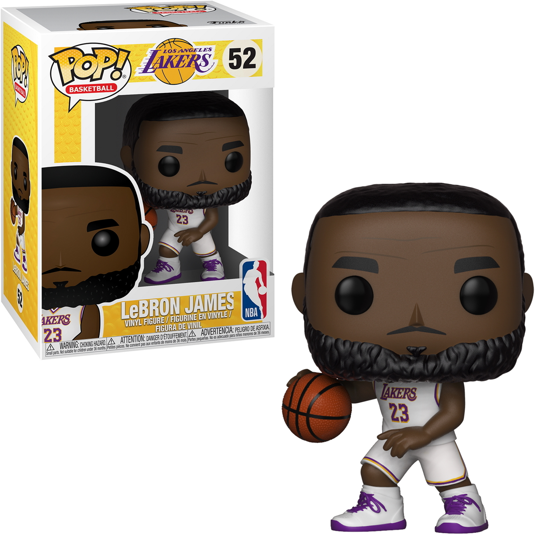 Funko Pop Figur von LeBron James, der einen Ball hält, in einem Los Angeles Lakers-Trikot.