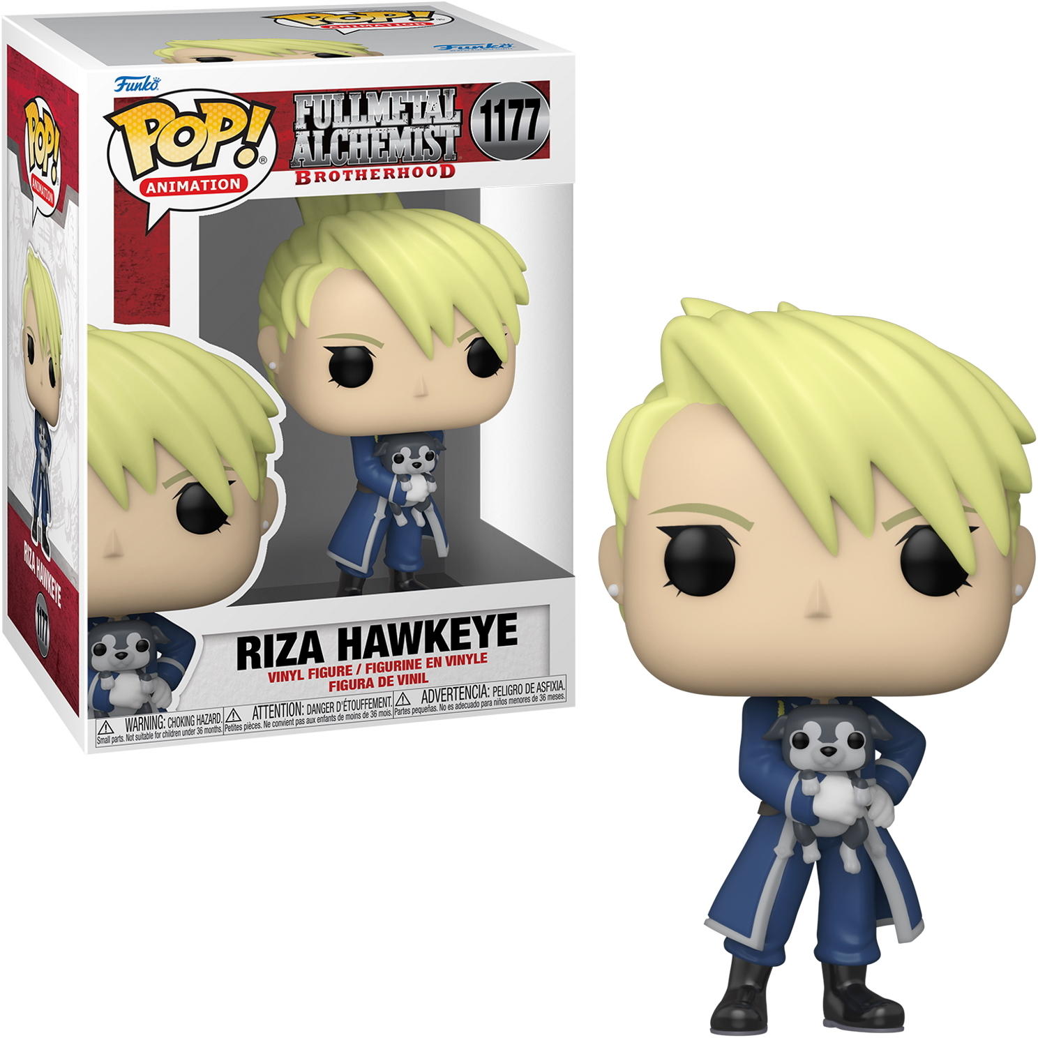 Funko Pop Figur von Riza Hawkeye aus Fullmetal Alchemist, mit Box. Sie hält eine kleine Hundefigur.