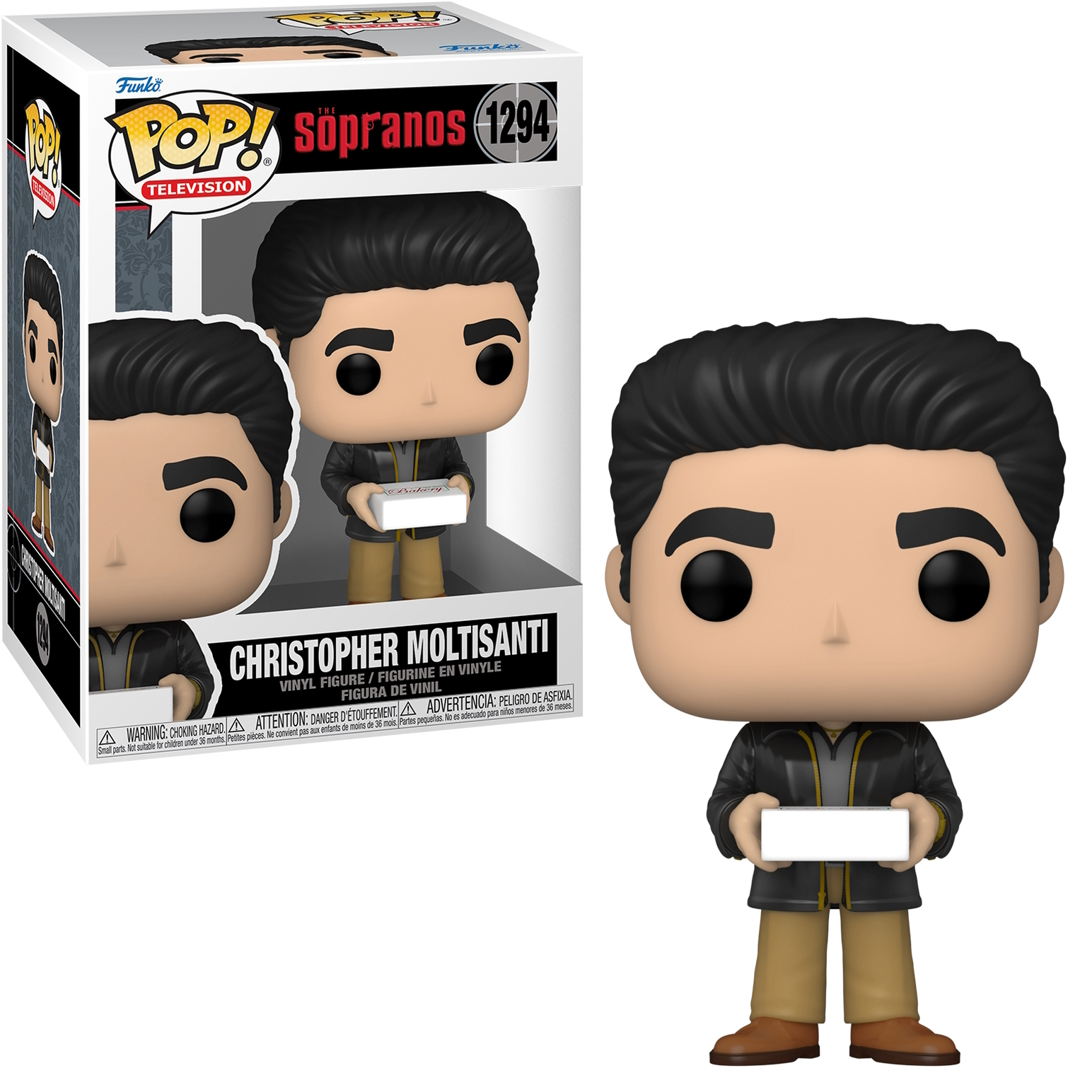 Figura Funko Pop di Christopher Moltisanti con scatola. Tiene un oggetto bianco.