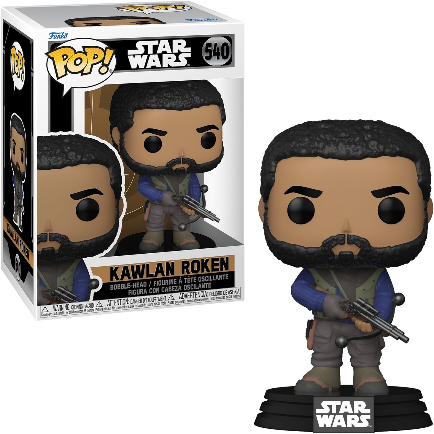 Figura Funko Pop di Kawlan Roken, di Star Wars, con un blaster.